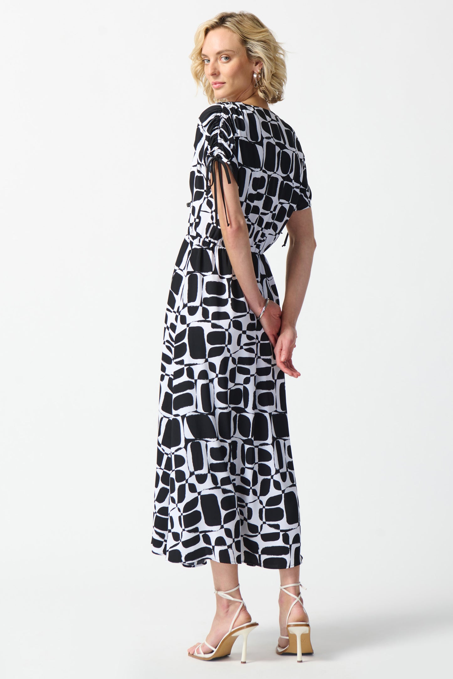 Joseph Ribkoff Woven Geometric Print Midi Dress Vanilla/Black 242100-1846