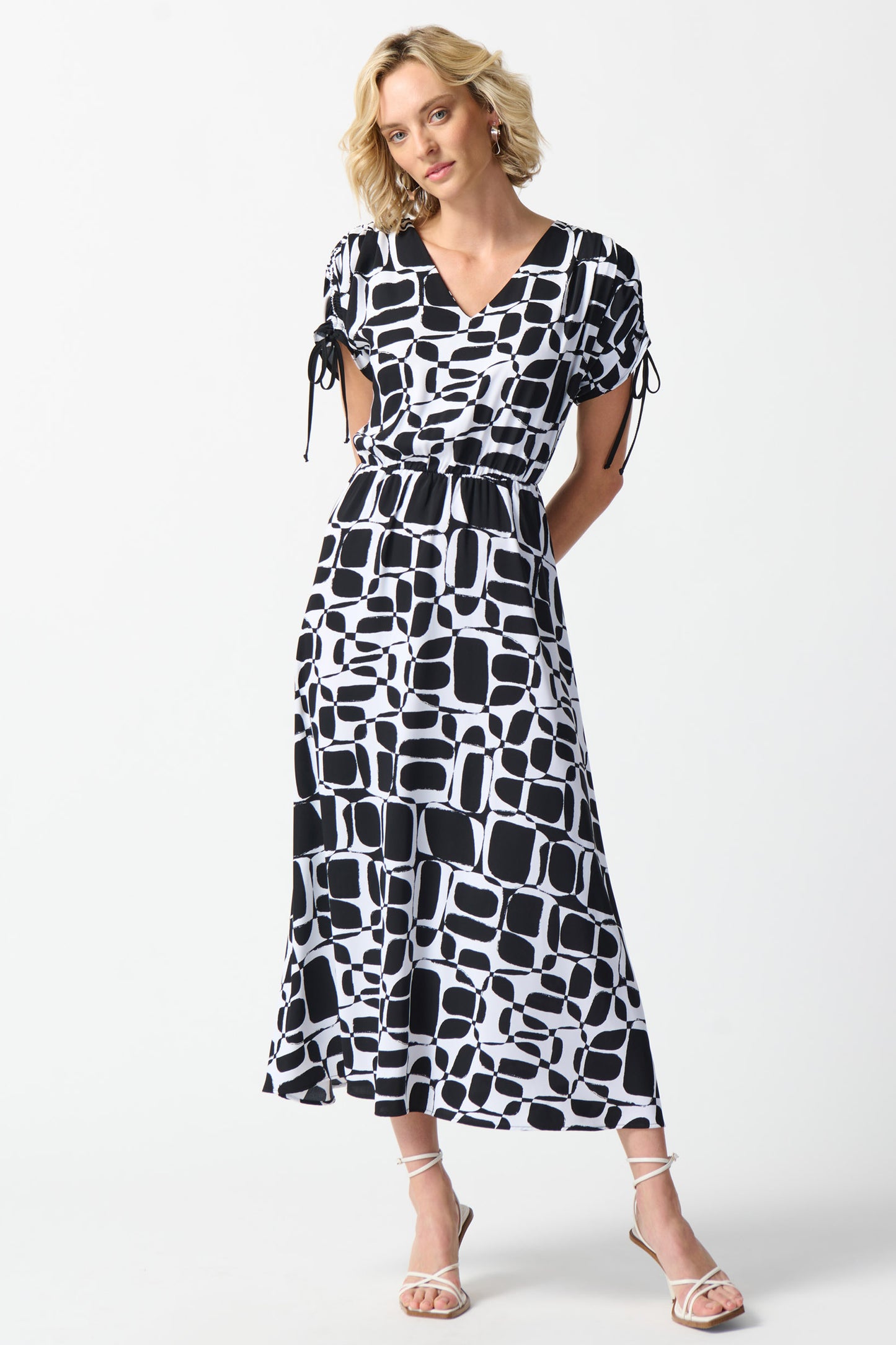 Joseph Ribkoff Woven Geometric Print Midi Dress Vanilla/Black 242100-1846