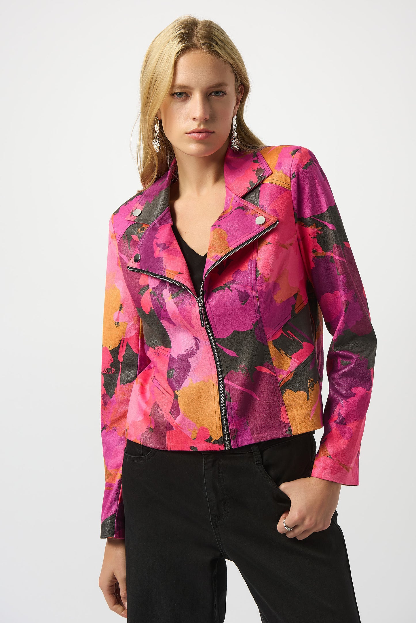 Joseph Ribkoff Foiled Faux Suede Abstract Print Fitted Jacket Pink/Multi 253954-178