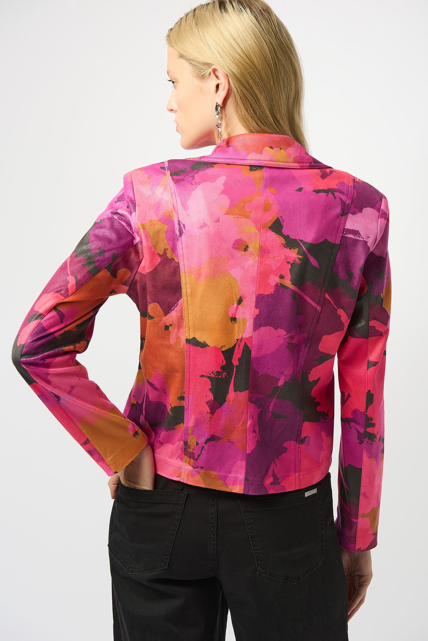 Joseph Ribkoff Foiled Faux Suede Abstract Print Fitted Jacket Pink/Multi 253954-178