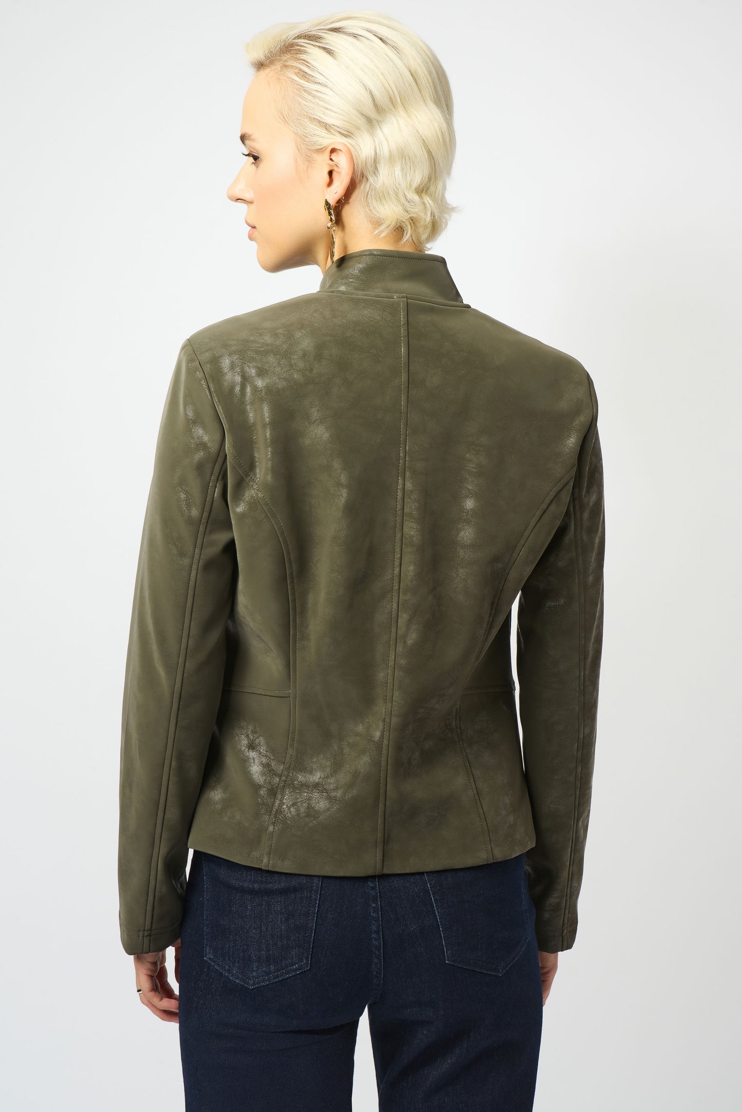 Joseph Ribkoff Foiled Faux Suede Fitted Moto Jacket Avocado Green 253915-3380