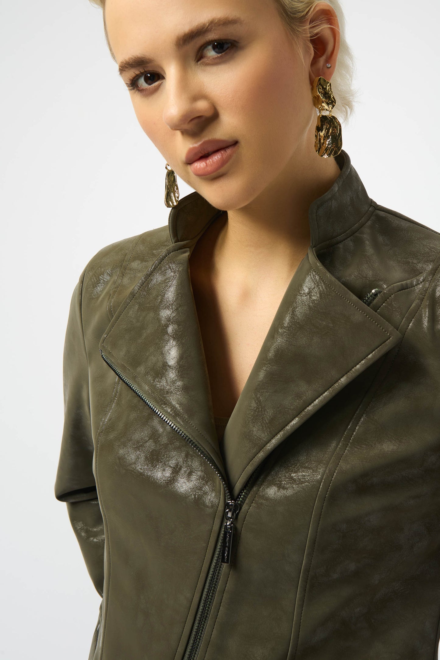 Joseph Ribkoff Foiled Faux Suede Fitted Moto Jacket Avocado Green 253915-3380