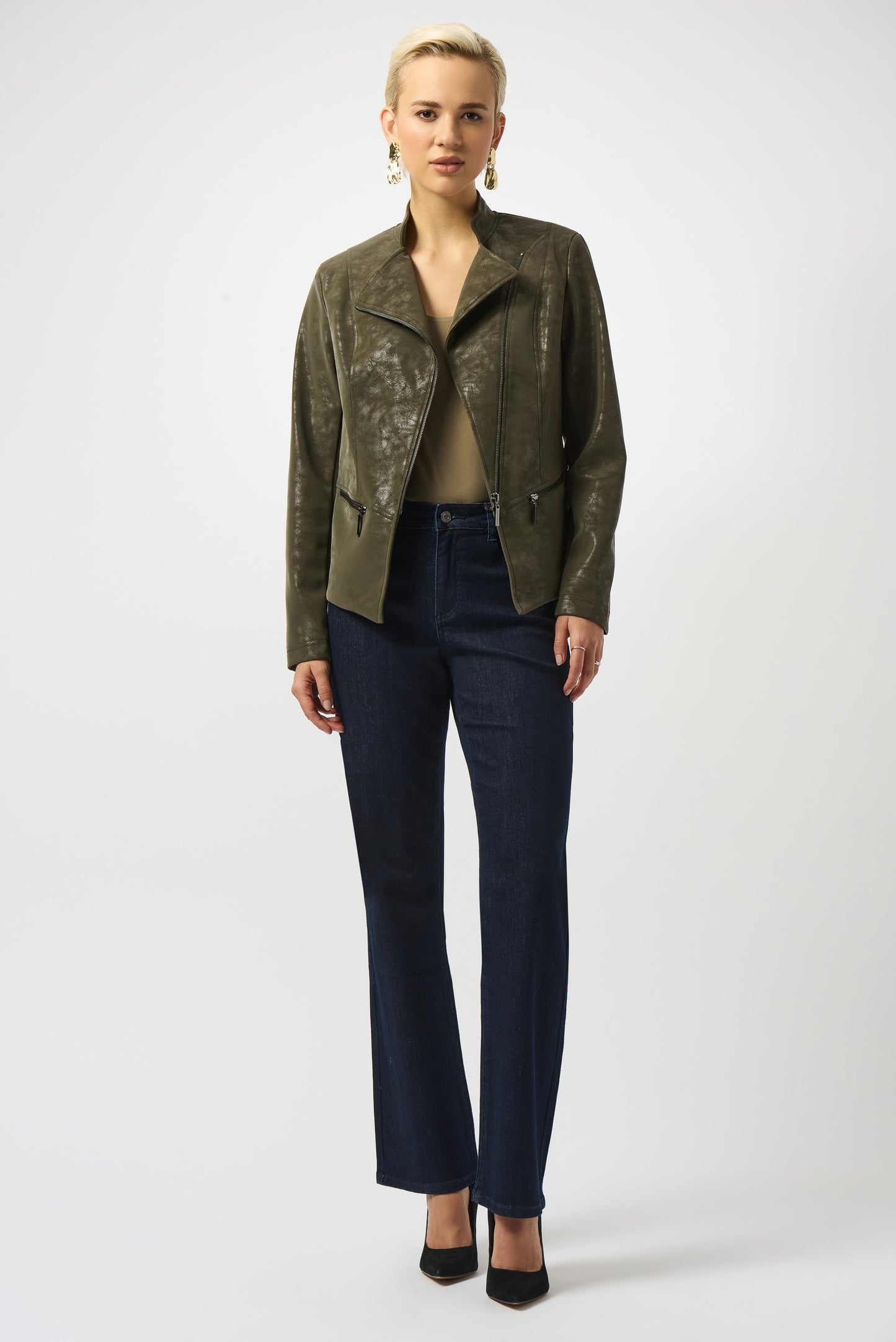 Joseph Ribkoff Foiled Faux Suede Fitted Moto Jacket Avocado Green 253915-3380
