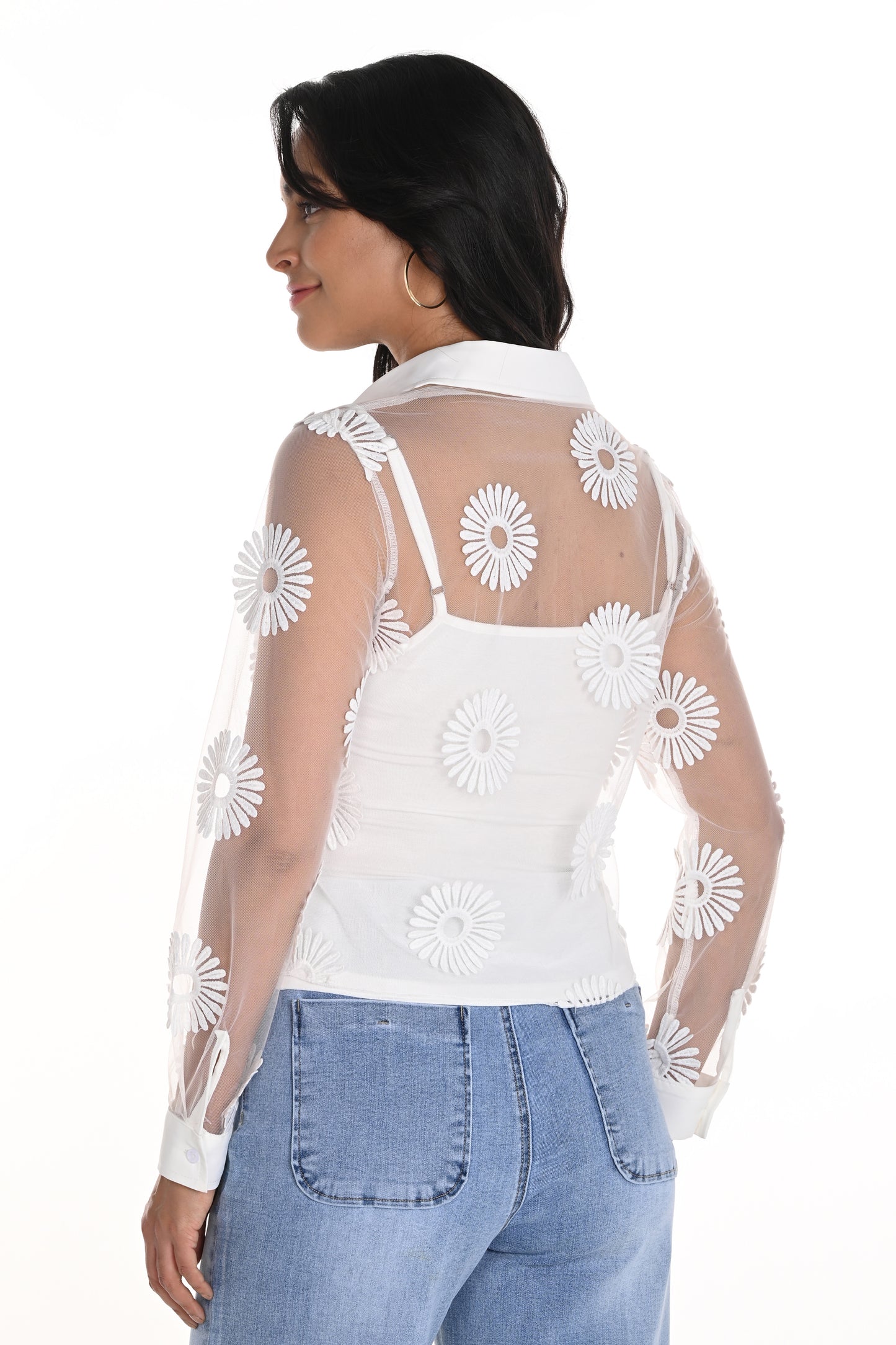Frank Lyman Floral Embroidered Mesh Shirt & Cami Off-White 256765U-201