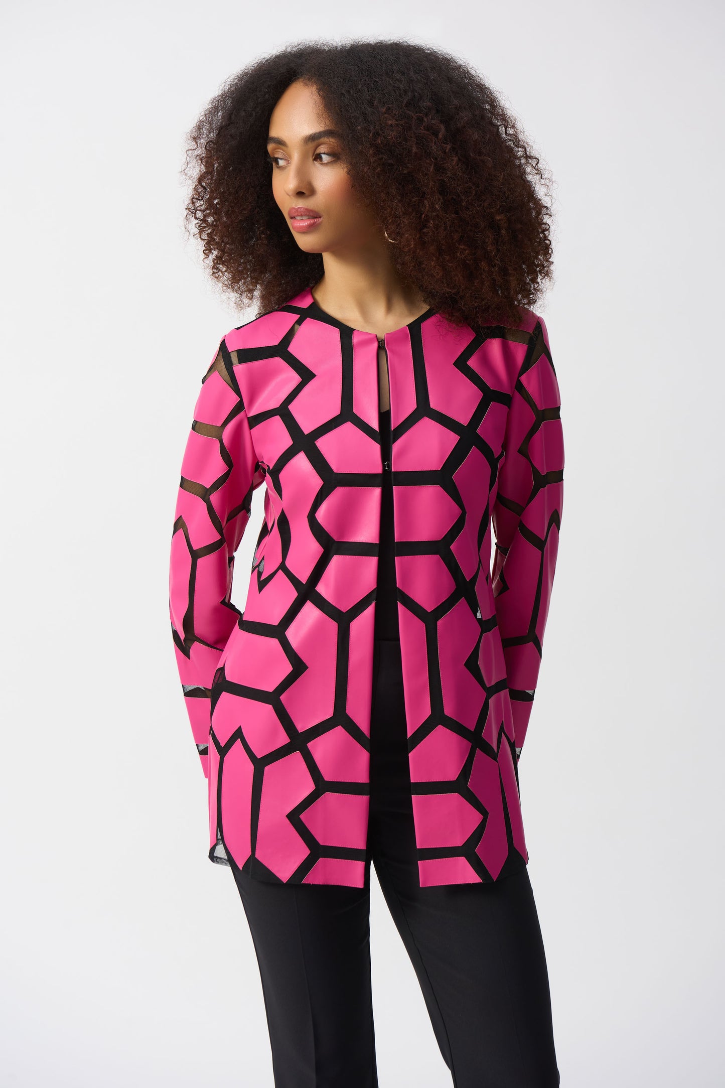 Joseph Ribkoff Laser-Cut Leatherette on Mesh Jacket - Geranium/Black - 241905-4397