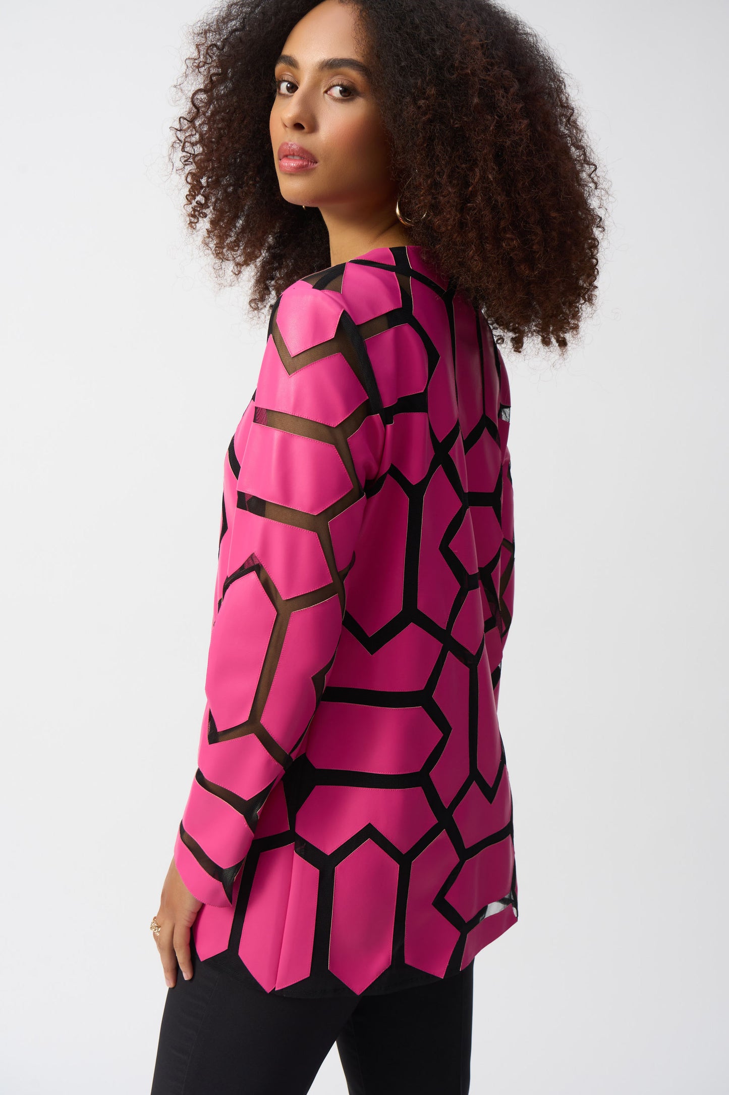 Joseph Ribkoff Laser-Cut Leatherette on Mesh Jacket - Geranium/Black - 241905-4397