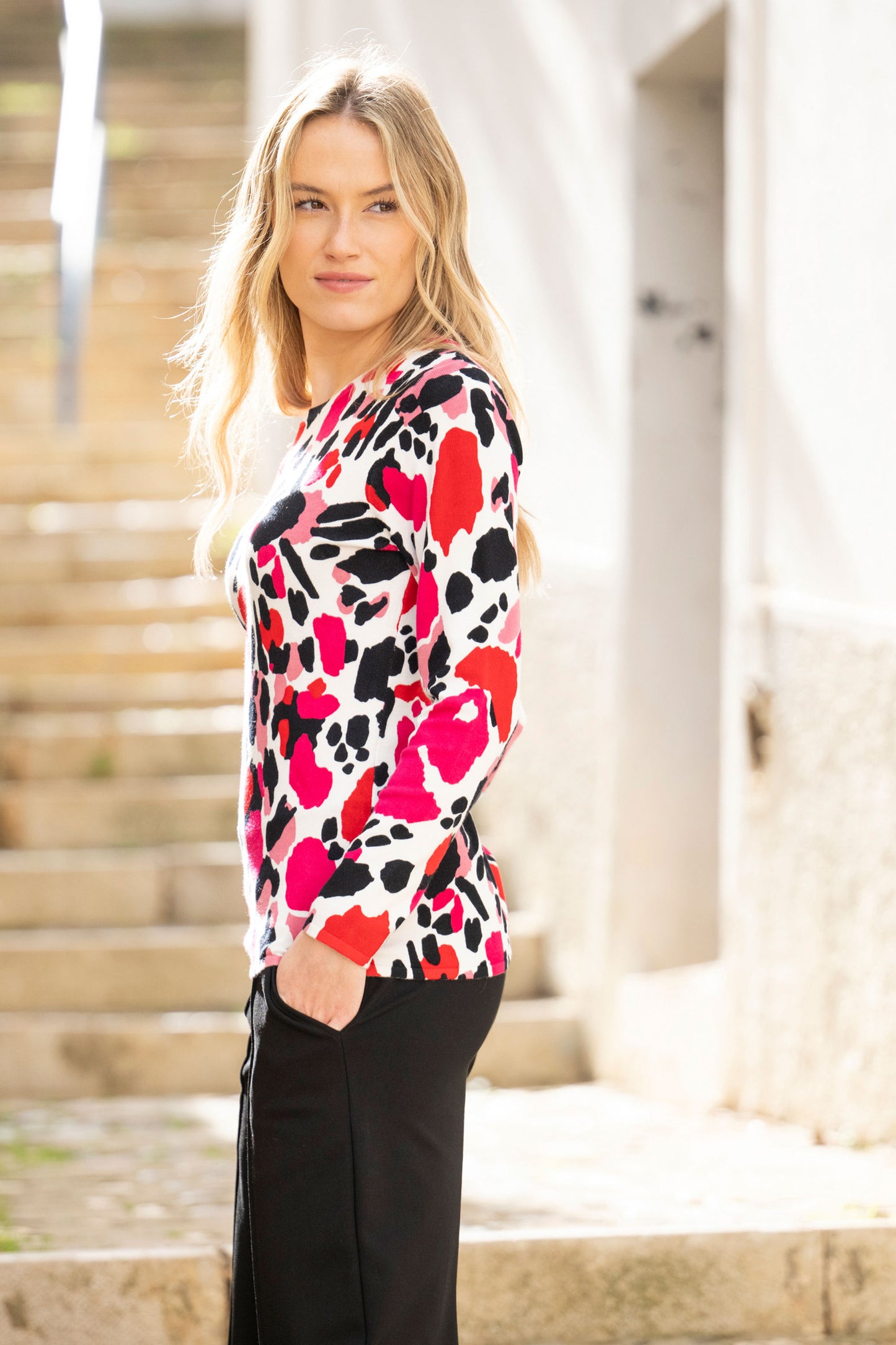 Marble Bold Abstract Print Top Fuchsia 7994-126