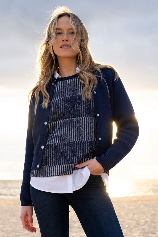 Marble Button Close  Cardigan Navy 7797-103