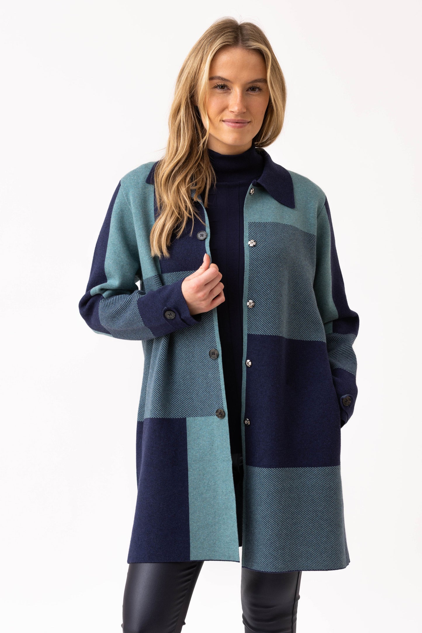 Marble Large Checked Cardigan - Navy/Teal - 8110-223