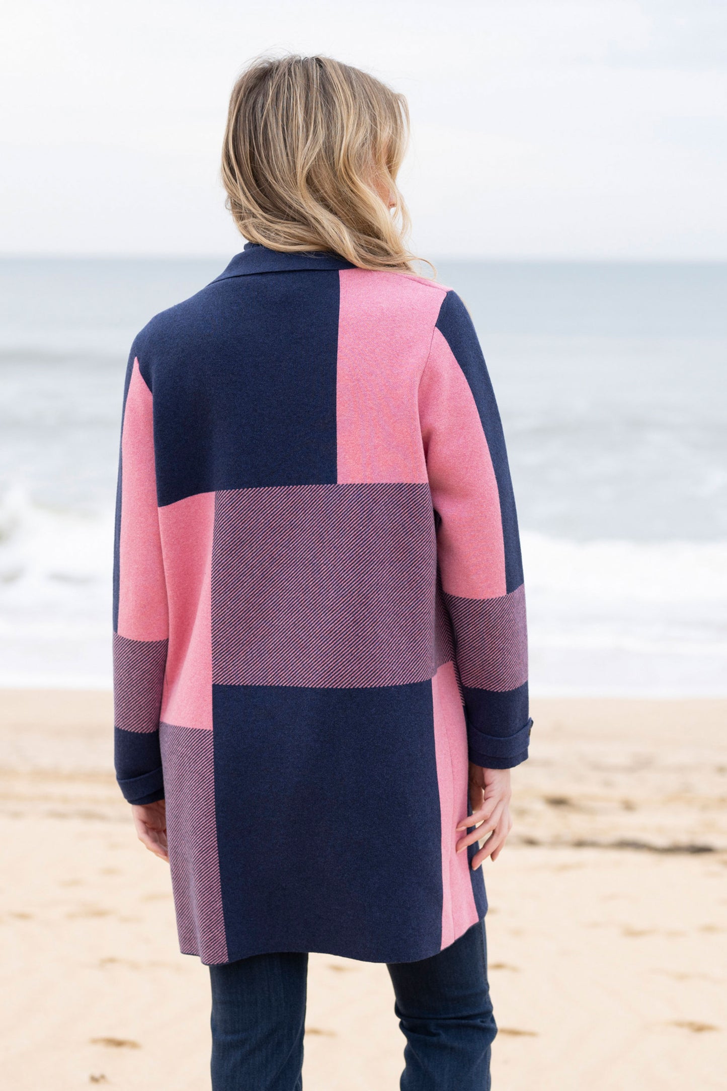 Marble Large Checked Cardigan - Pink/Navy - 8110-230