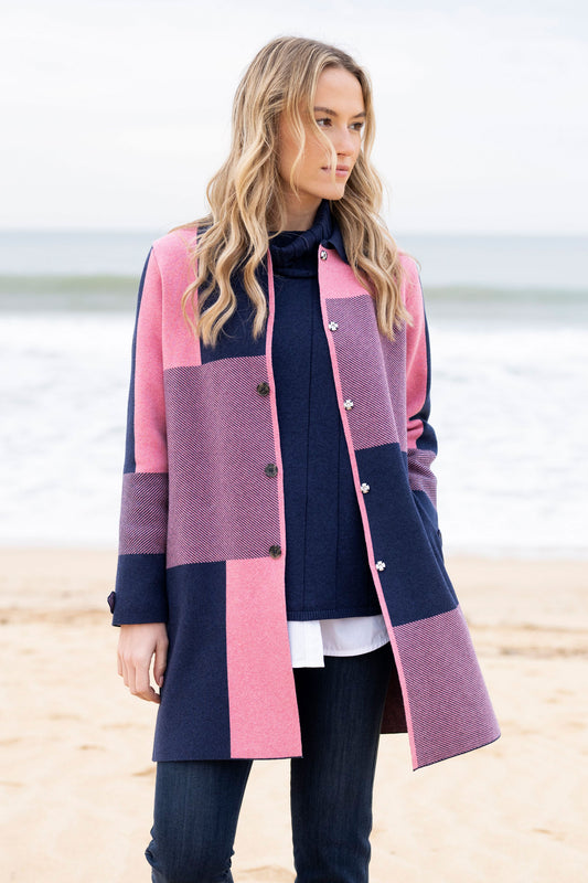 Marble Large Checked Cardigan - Pink/Navy - 8110-230