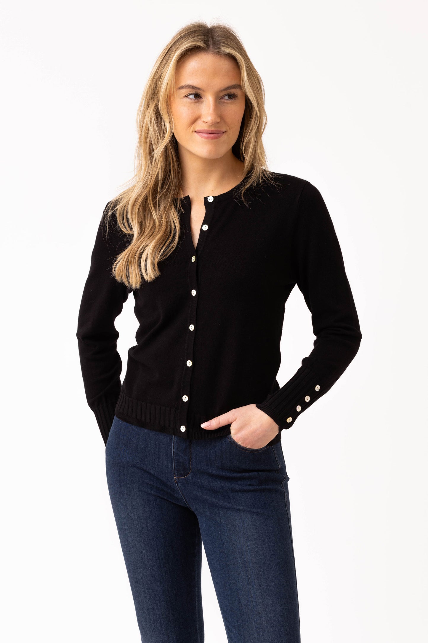 Marble Fine Knit Ribbed Detailed Cardigan - Black - 6500-101