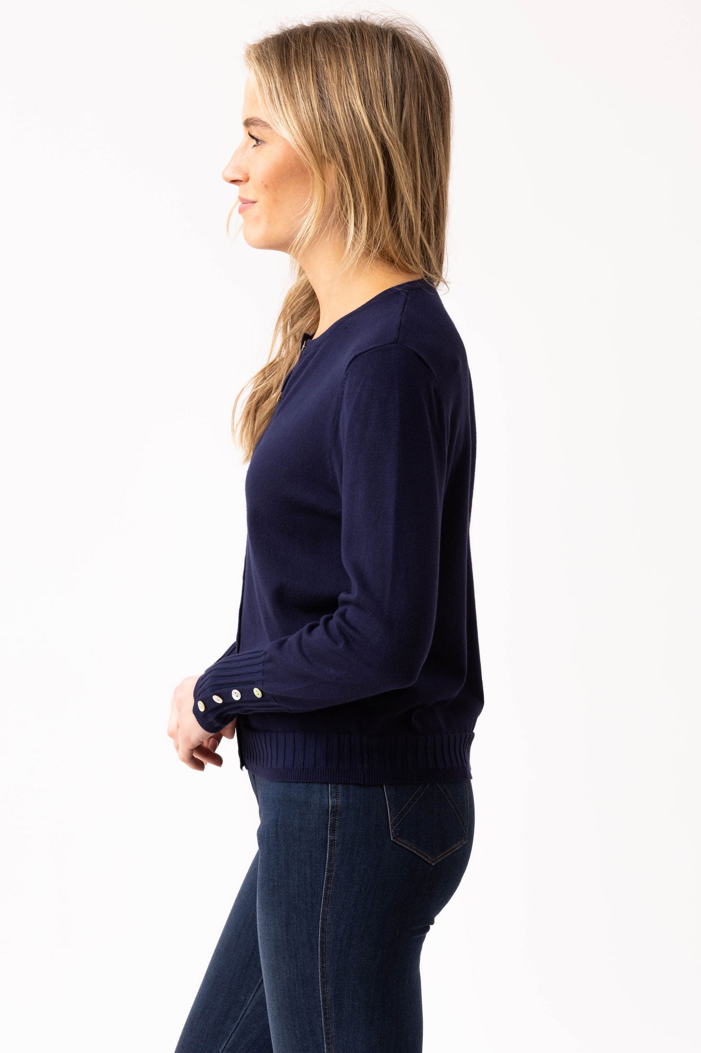 Marble Fine Knit Ribbed Detailed Cardigan - Navy - 6500-103