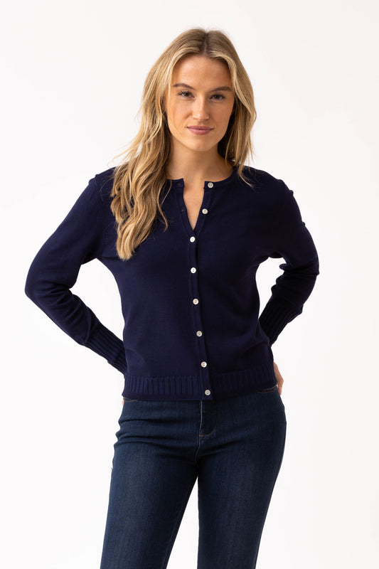 Marble Fine Knit Ribbed Detailed Cardigan - Navy - 6500-103