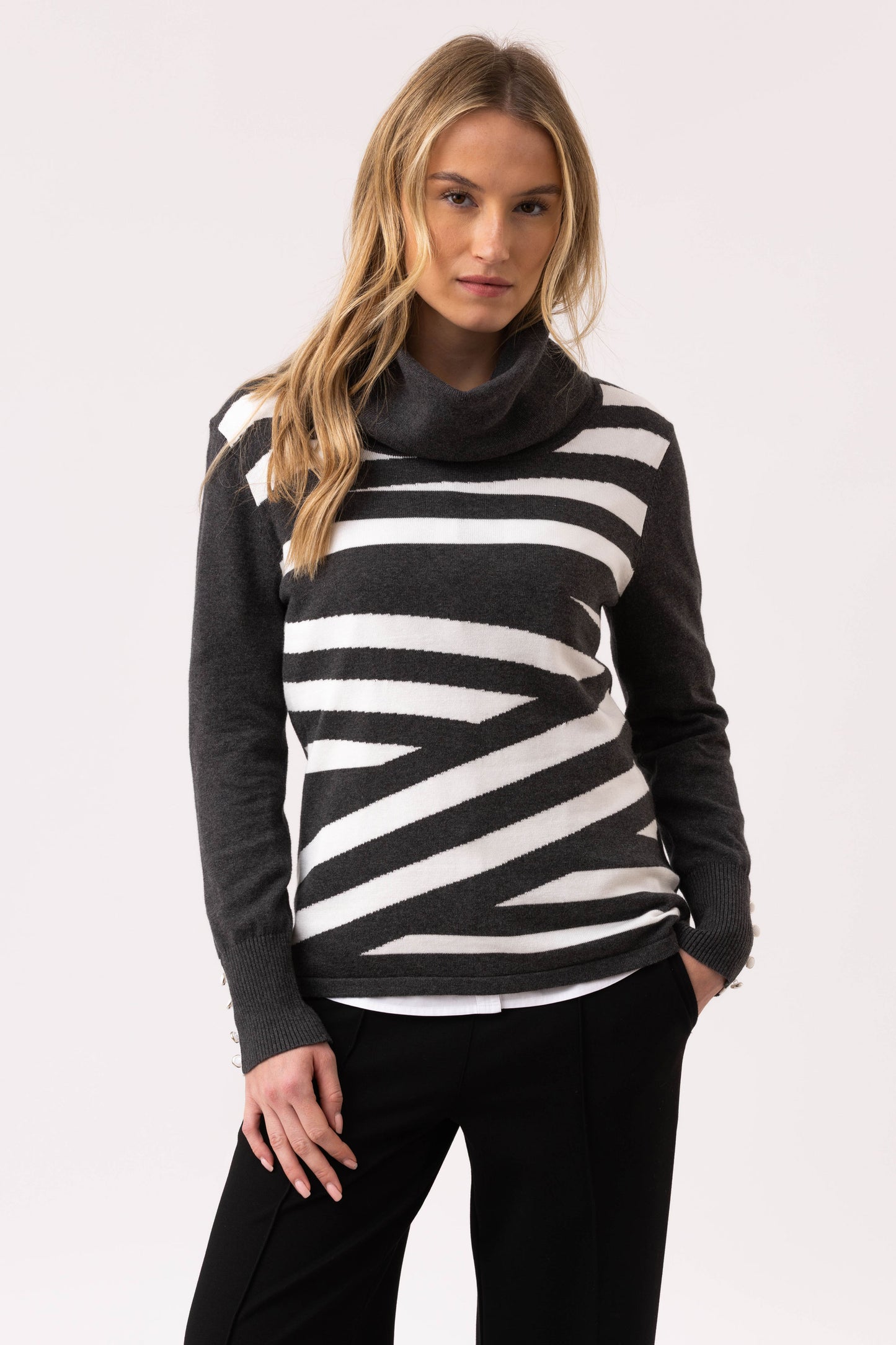 Marble Striped Roll Neck Sweater - Charcoal - 8090-105