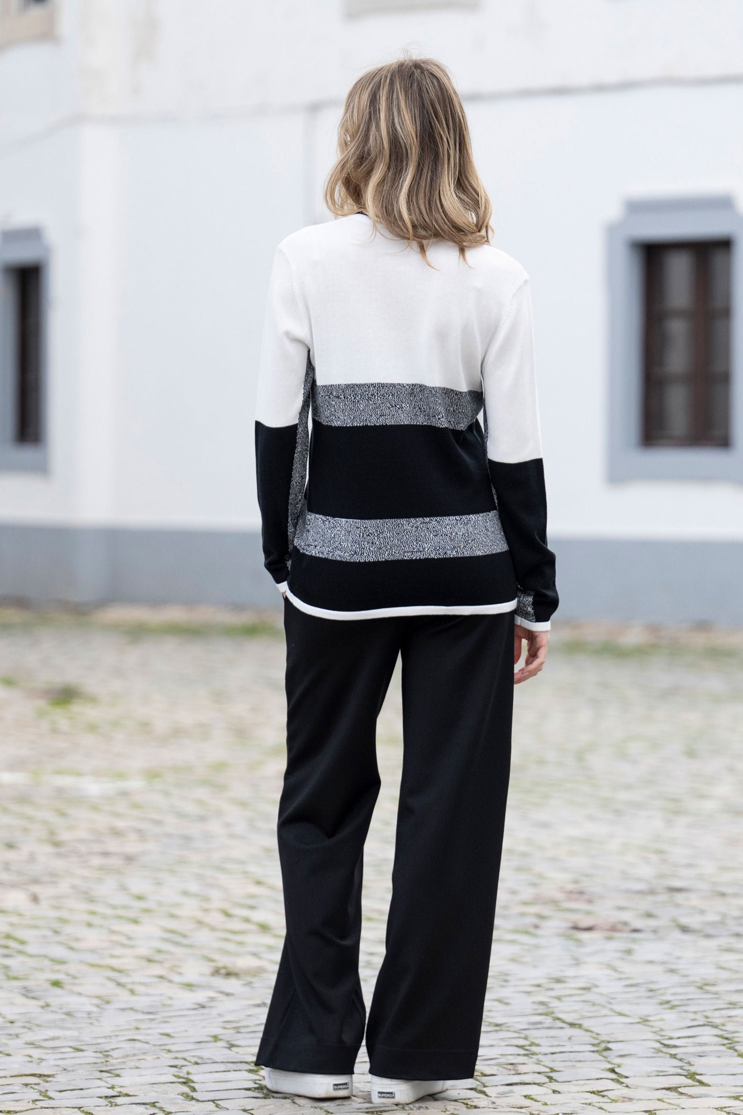 Marble Block Striped Sweater Ivory/Black 8065-104