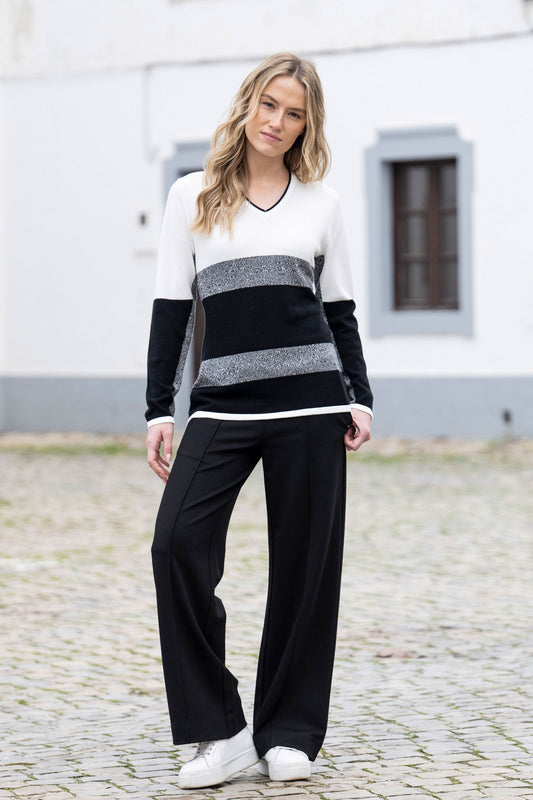 Marble Block Striped Sweater Ivory/Black 8065-104
