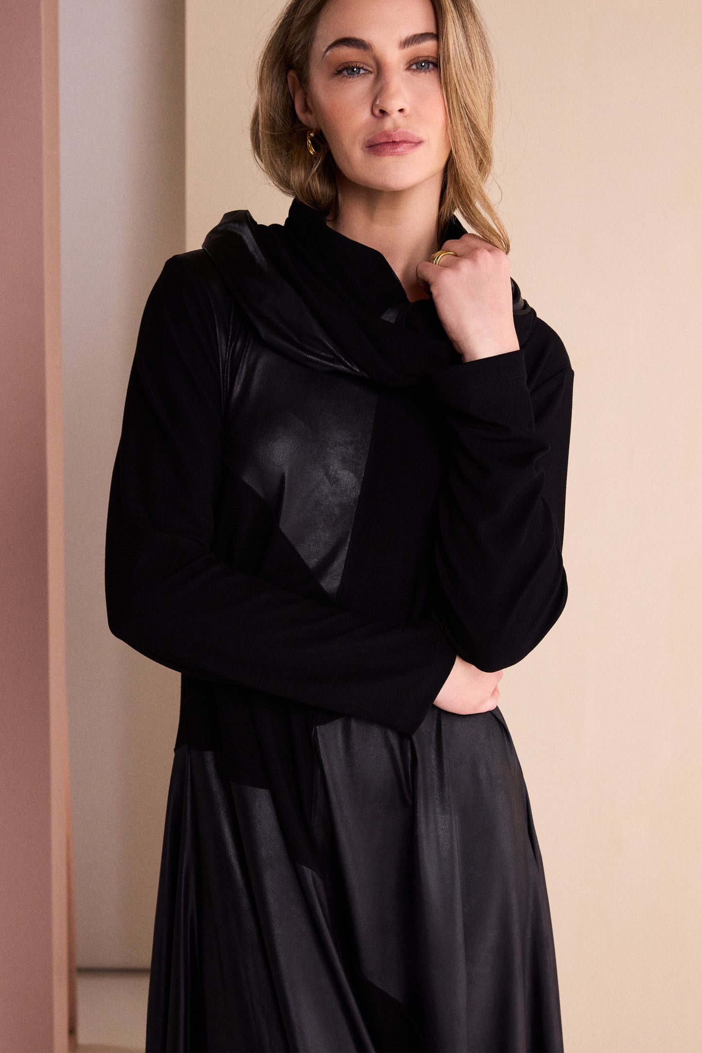 Naya Dress With Leatherette Section & Neckpiece Black NAW26158-09