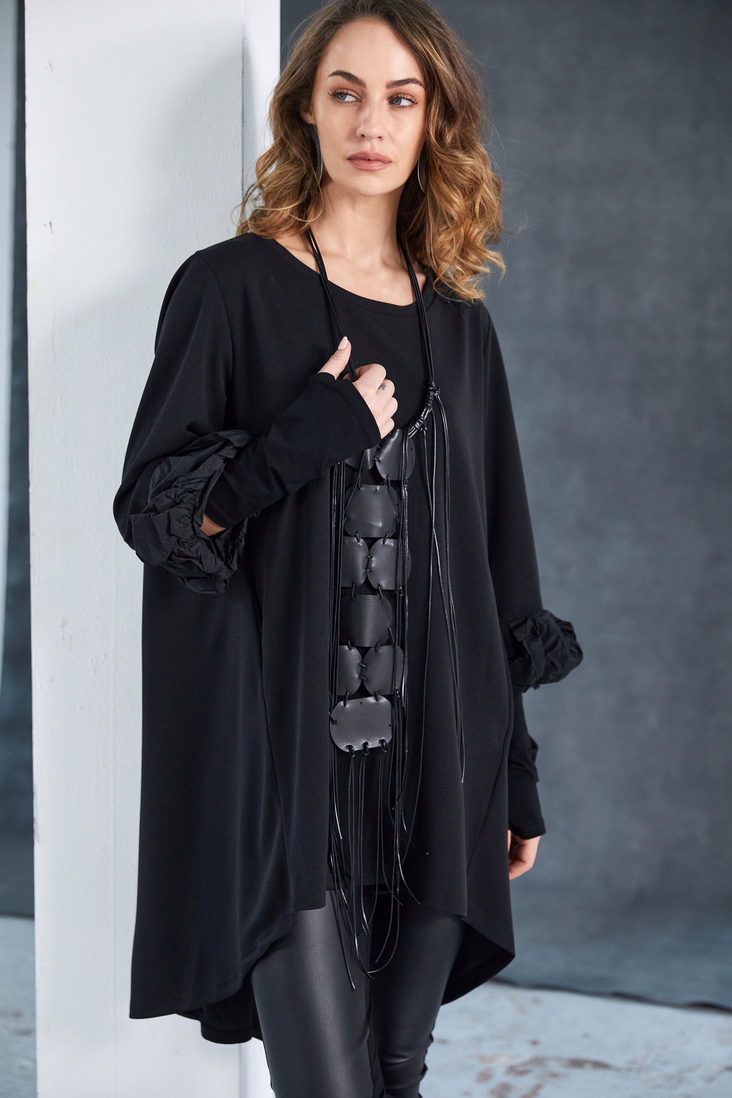Naya Curved hemline tunic top with contrast ruched cuff Black NAW25305-09