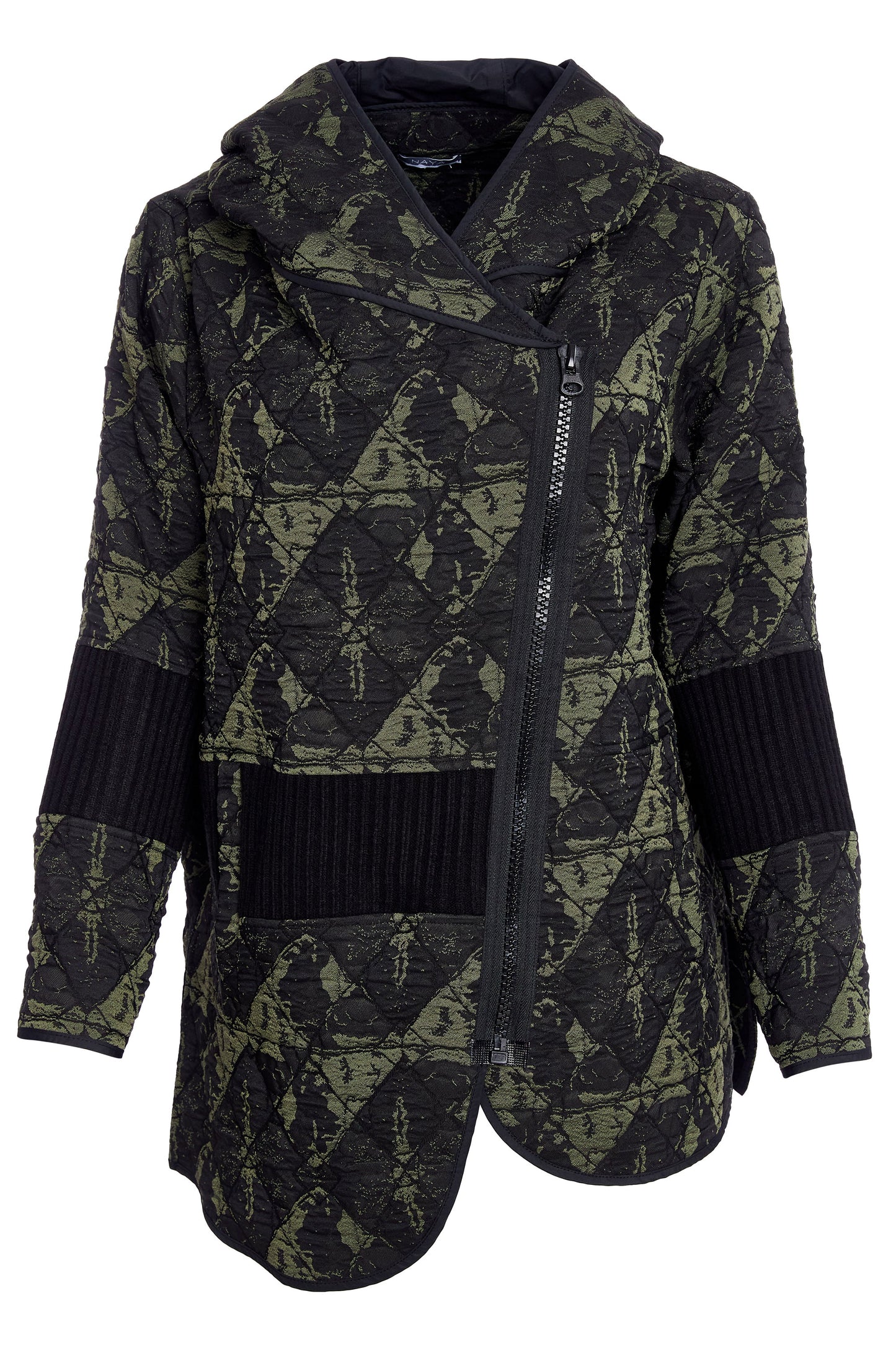 Naya Jacquard Print Jacket with Angled Zip and Ribbed Panels Black & Forest NAW25188-954