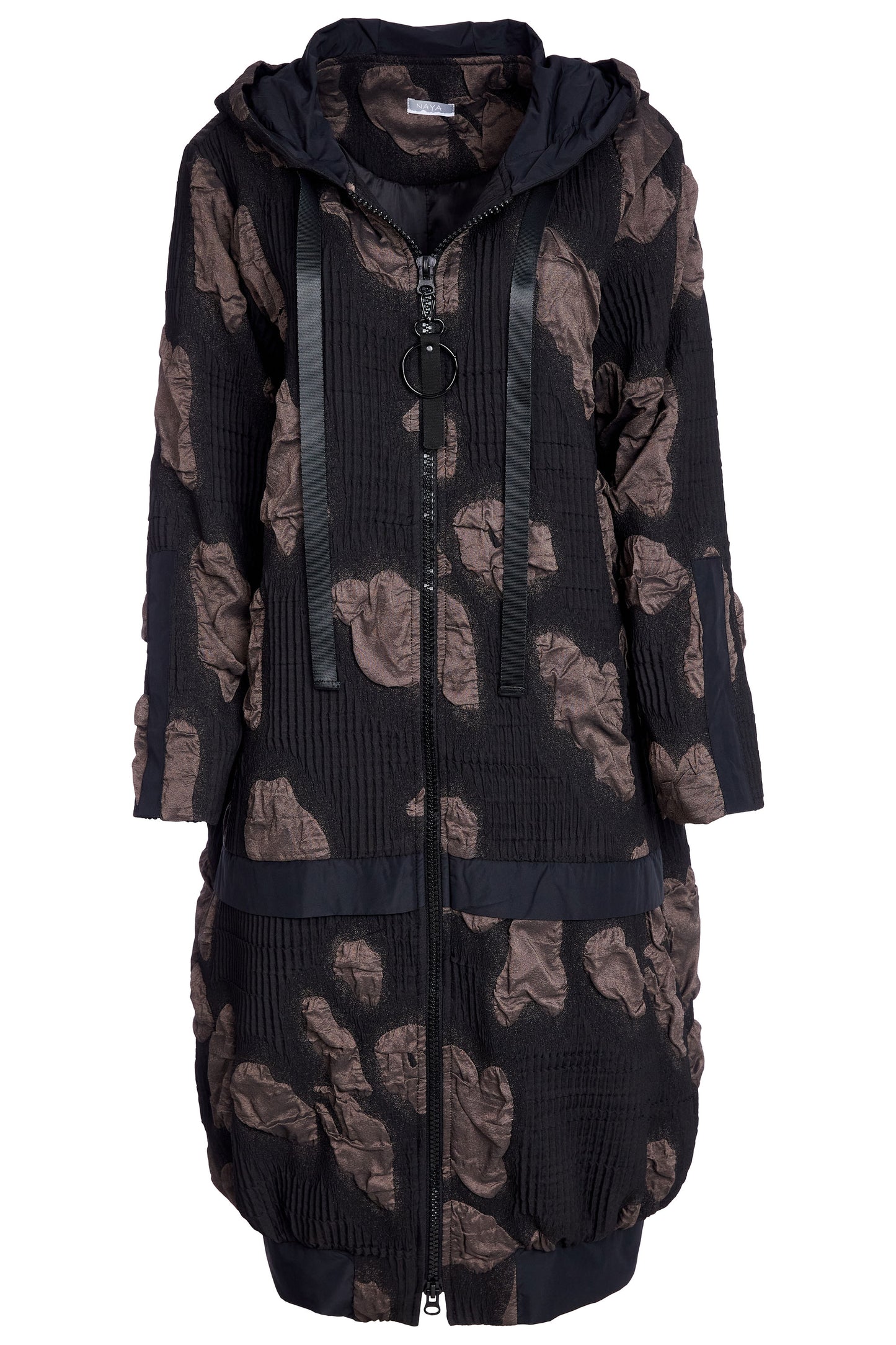 Naya Jacquard long coat with hood and contrast band Black & Cocoa NAW25185-973