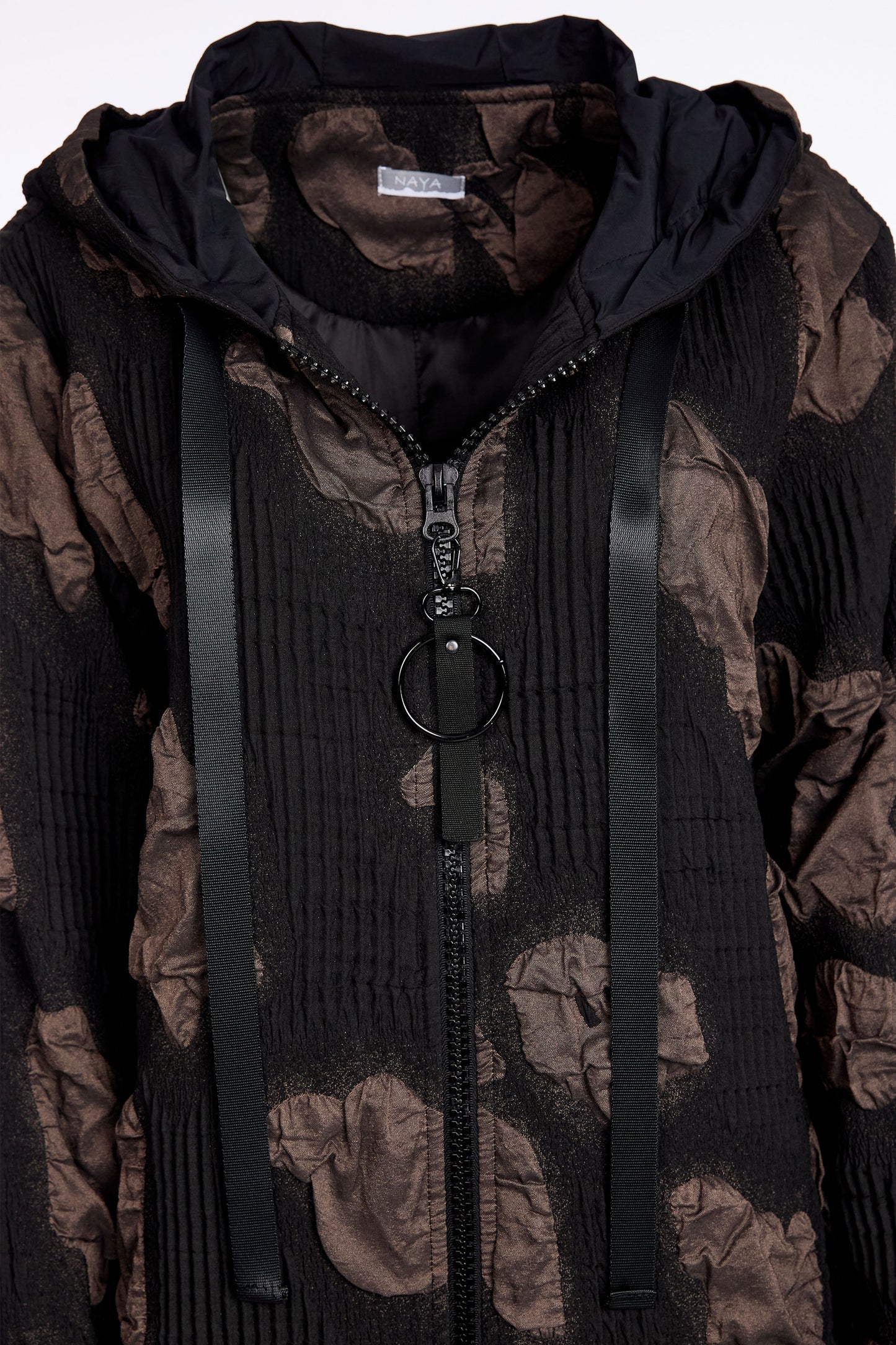 Naya Jacquard long coat with hood and contrast band Black & Cocoa NAW25185-973