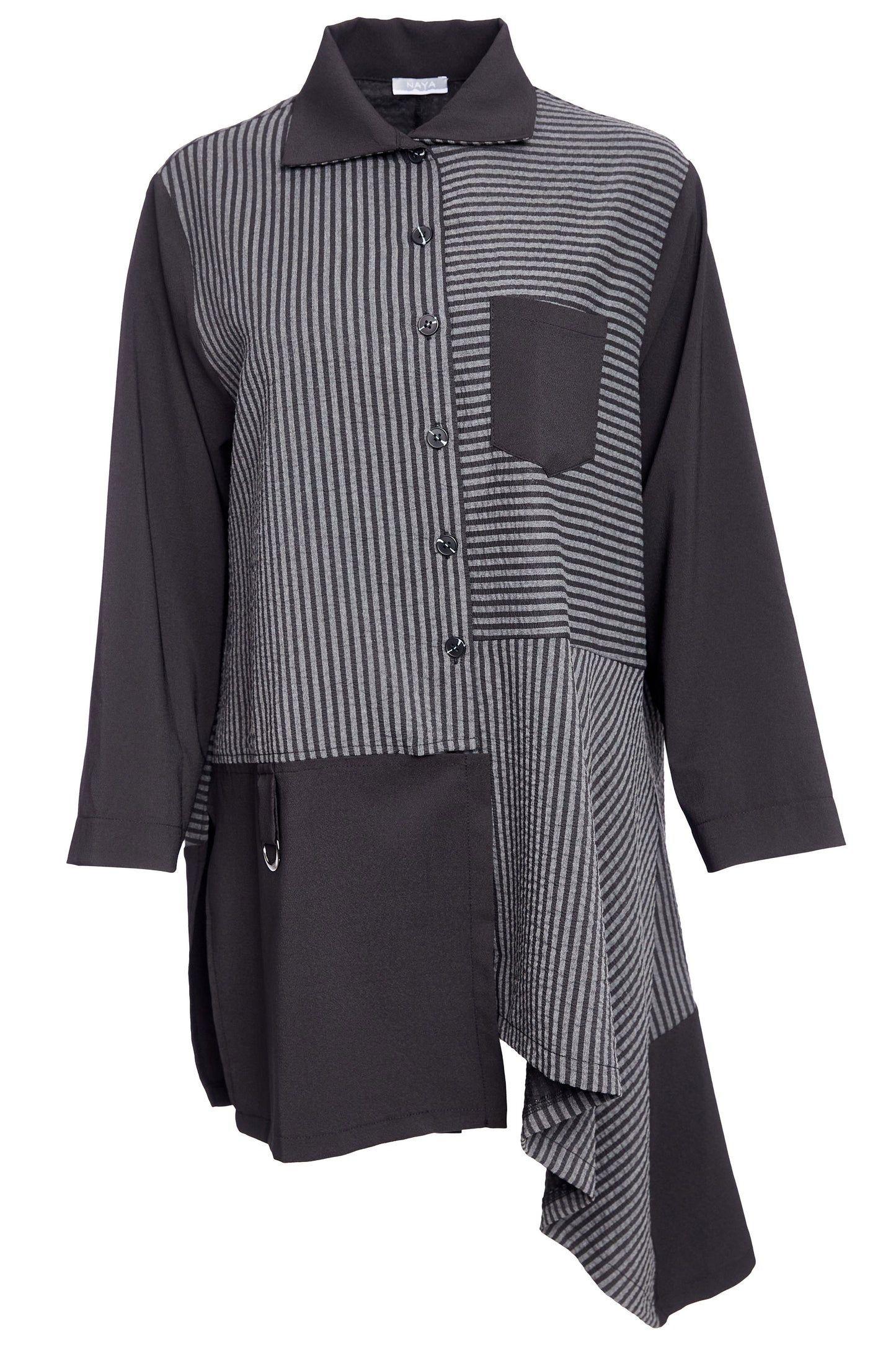 Naya Stripped blouse with angled hem and contrast sleeve plus panels Black & Grey NAW25191-908