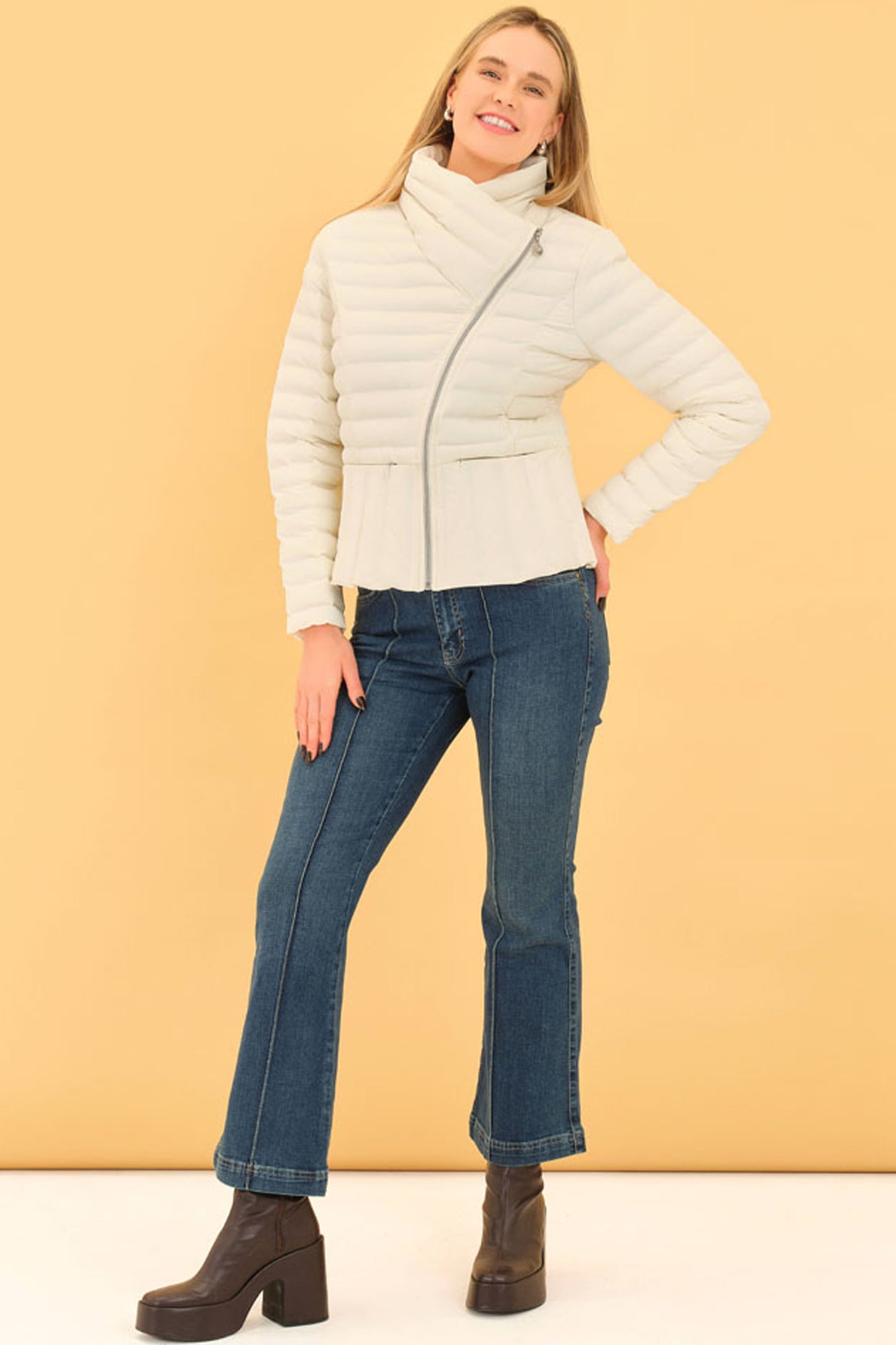 Dolcezza Quilted Asymmetric Zip Detail Jacket Off White 75810