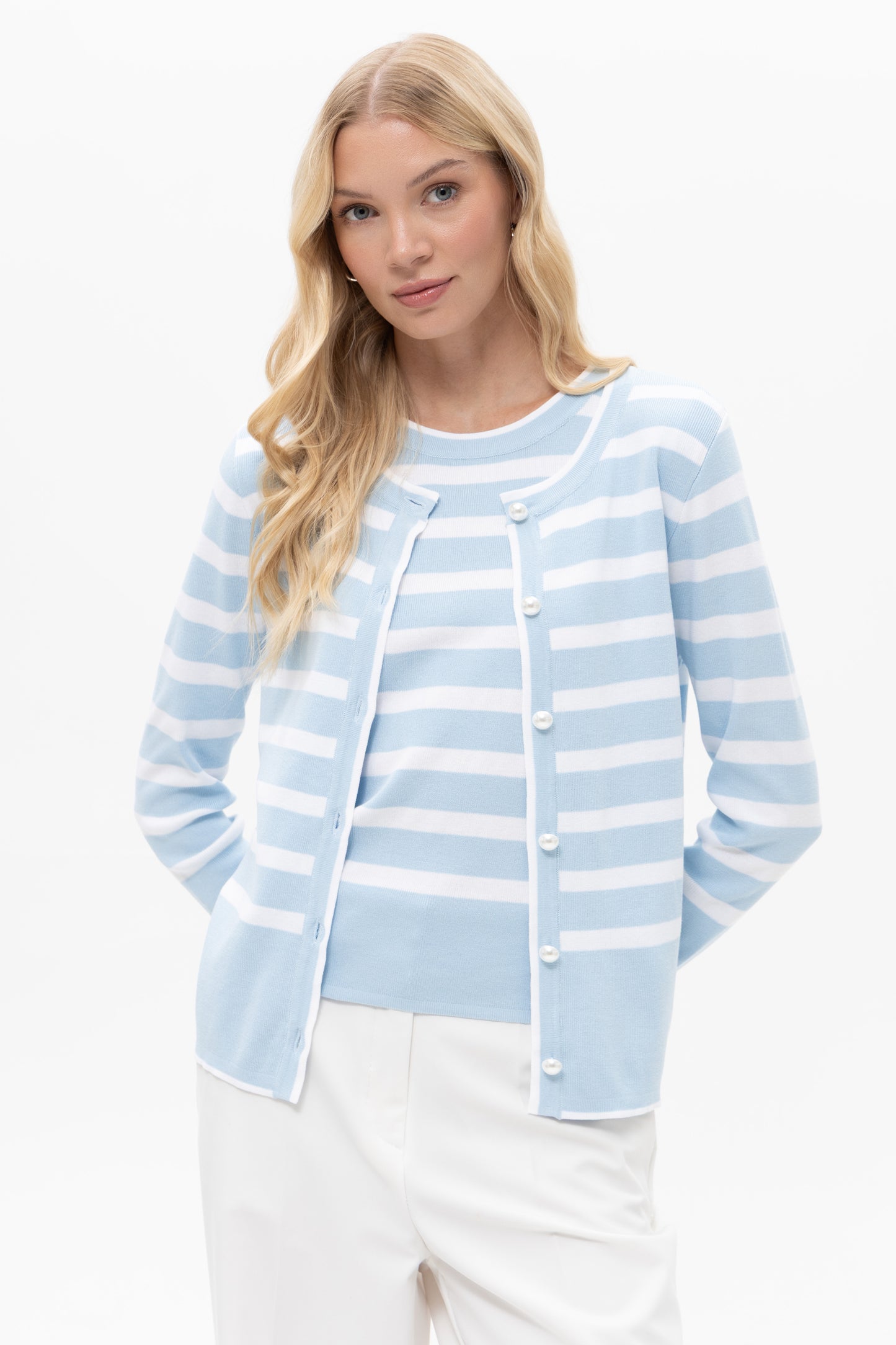 Passioni Stripe Detail Twin Set Blue/White 19170