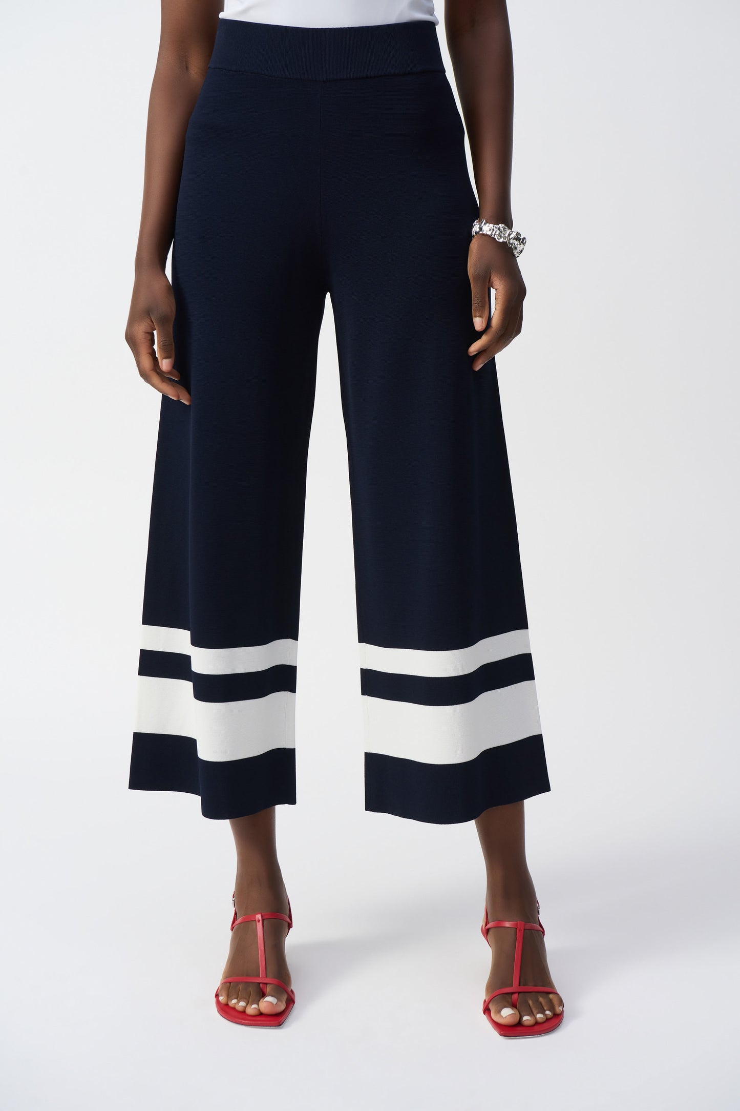 Joseph Ribkoff Placement Stripe Sweater Knit Culottes Midnight Blue/Vanilla 251945-2229