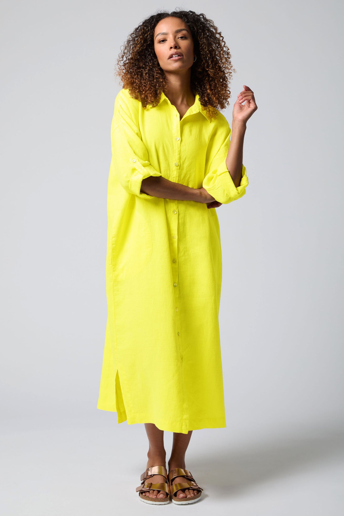 Sahara Linen Split Hem Shirt Dress Canary MTD5626-NFL