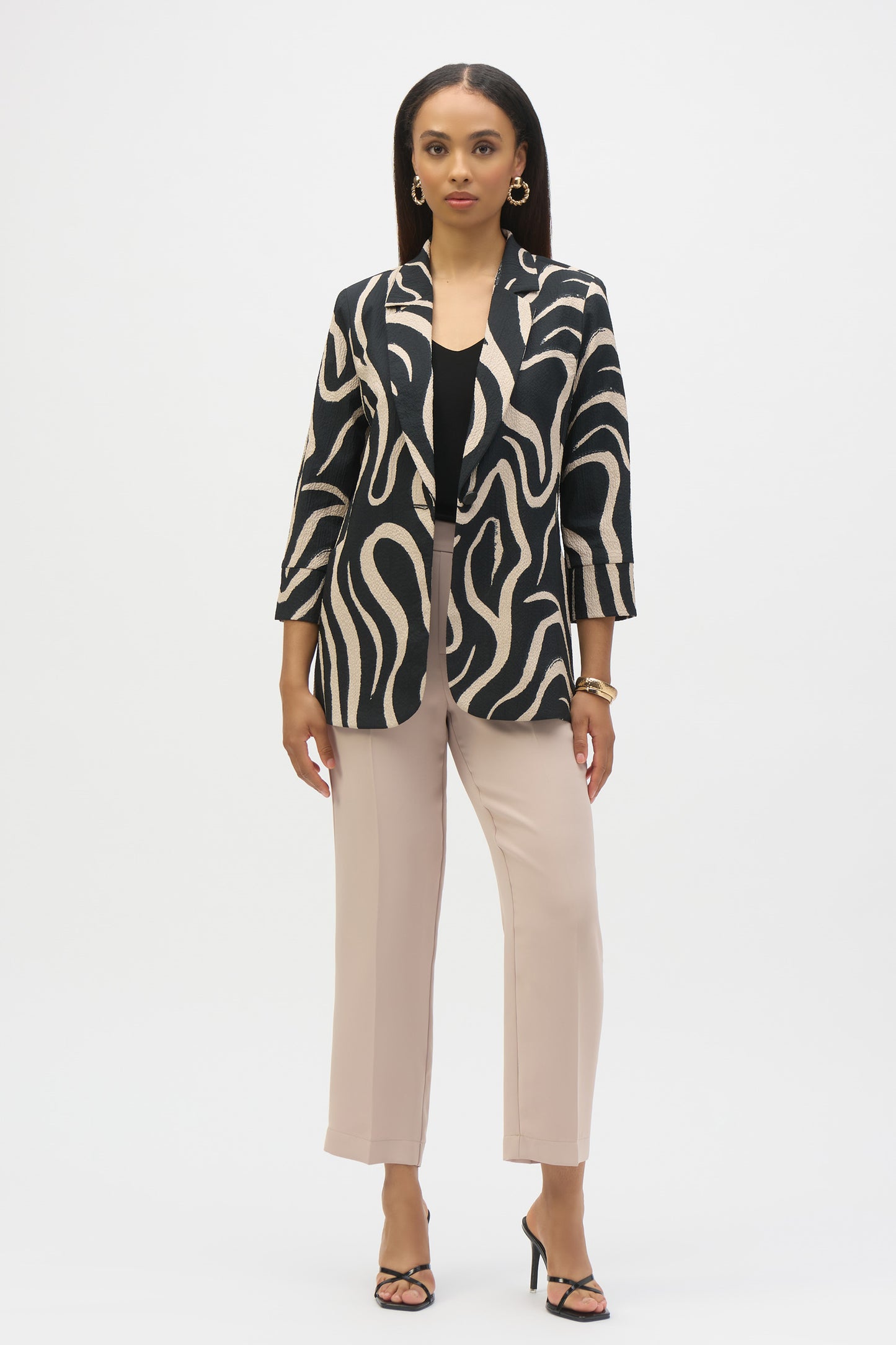 Joseph Ribkoff Seersucker Abstract Print Straight Blazer Black/Parchment 252152-4418