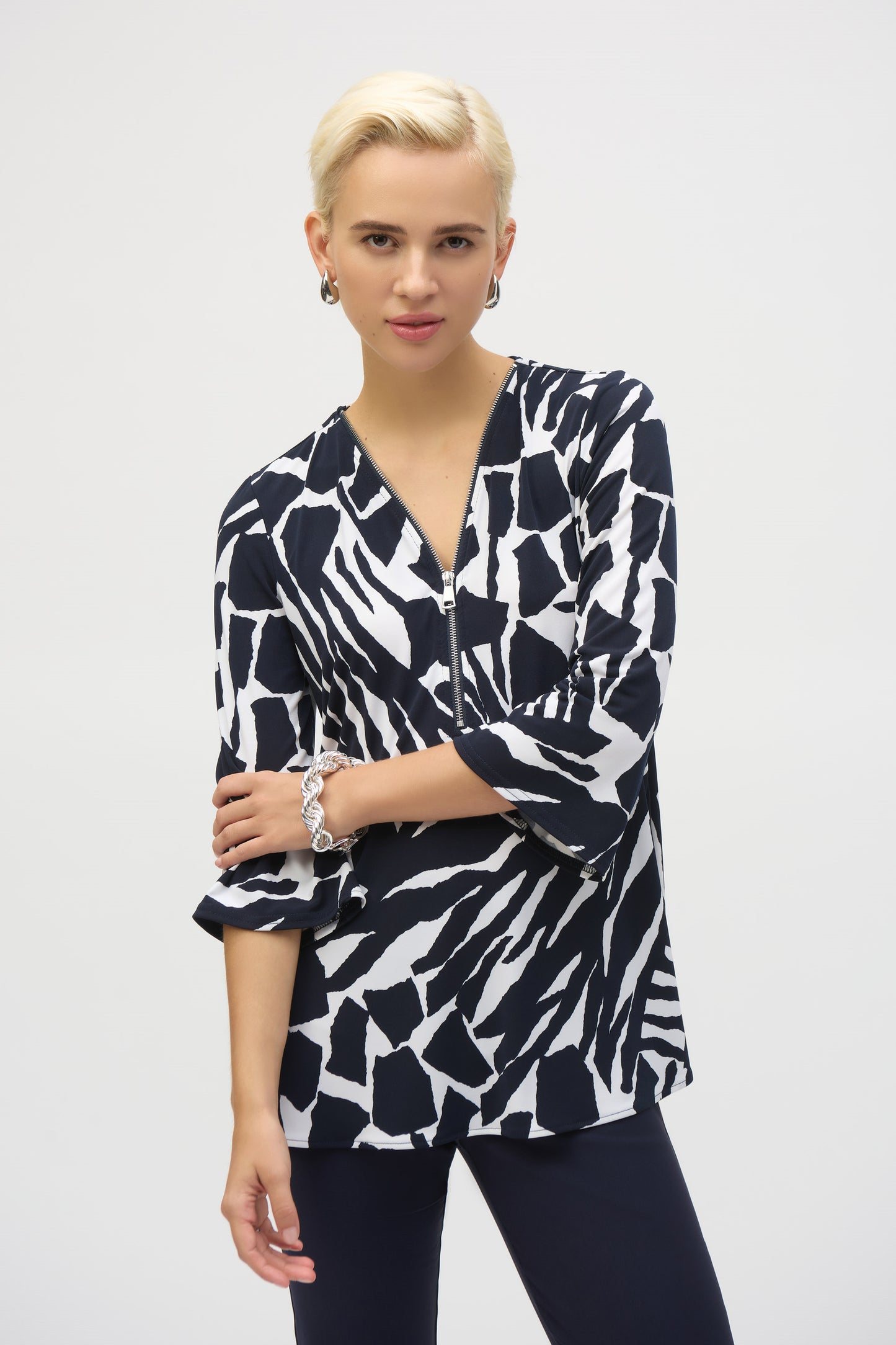 Joseph Ribkoff Silky Knit Tropical Fit and Flare Tunic Vanilla/Midnight Blue 252157-2366