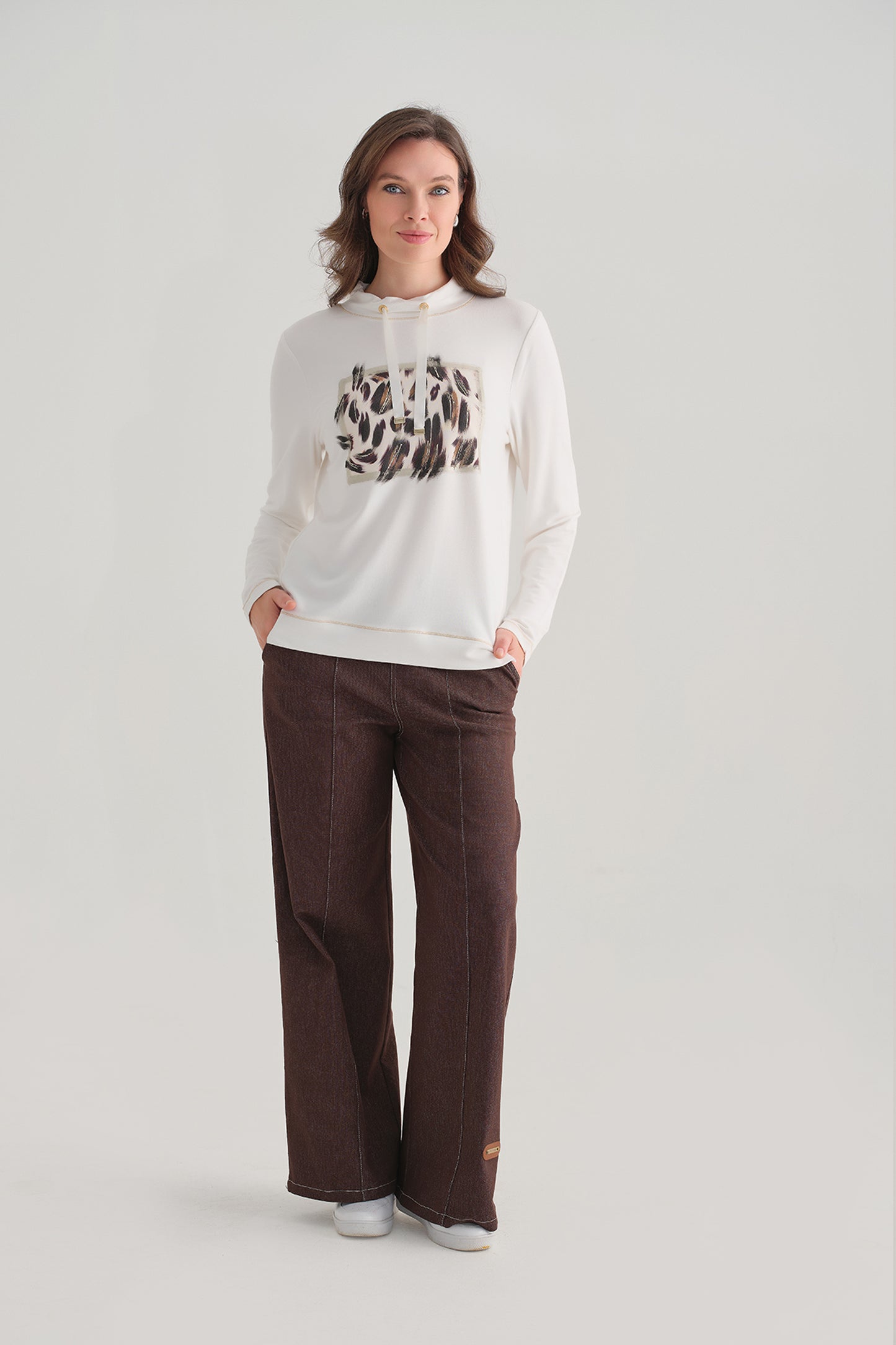 Tricotto Abstract Print Funnel Neck Top Cream 96019