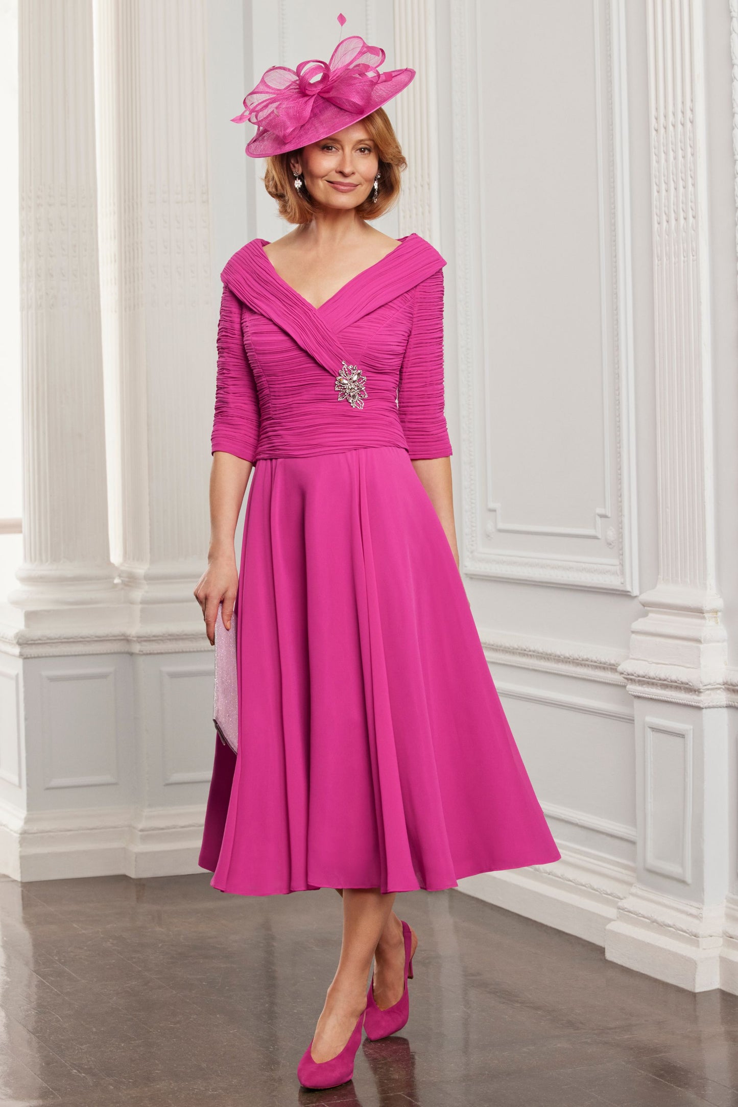 Condici Pleat & Brooch Detail Dress Raspberry Spritz 71108