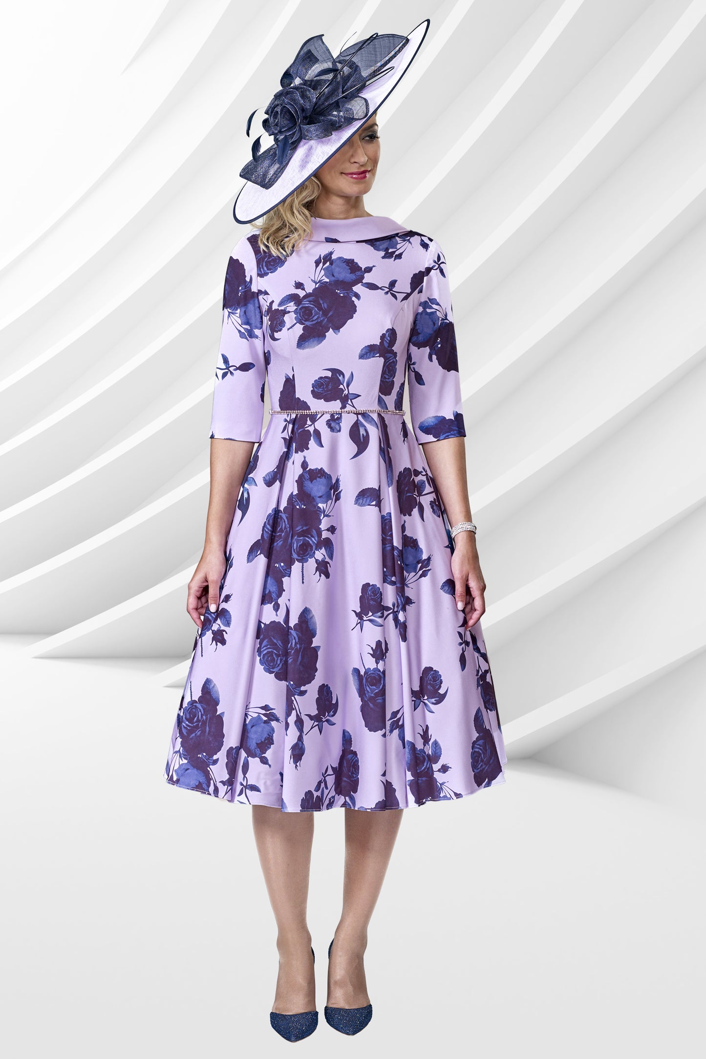 Veromia Occasions Diamante Trim Printed A-Line Dress Lavender/Navy VO8144