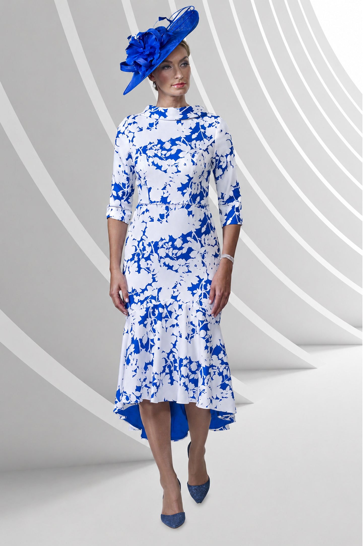 Veromia Occasions Floral Print Dipped Hemline Dress - Ivory/Cobalt - VO9166