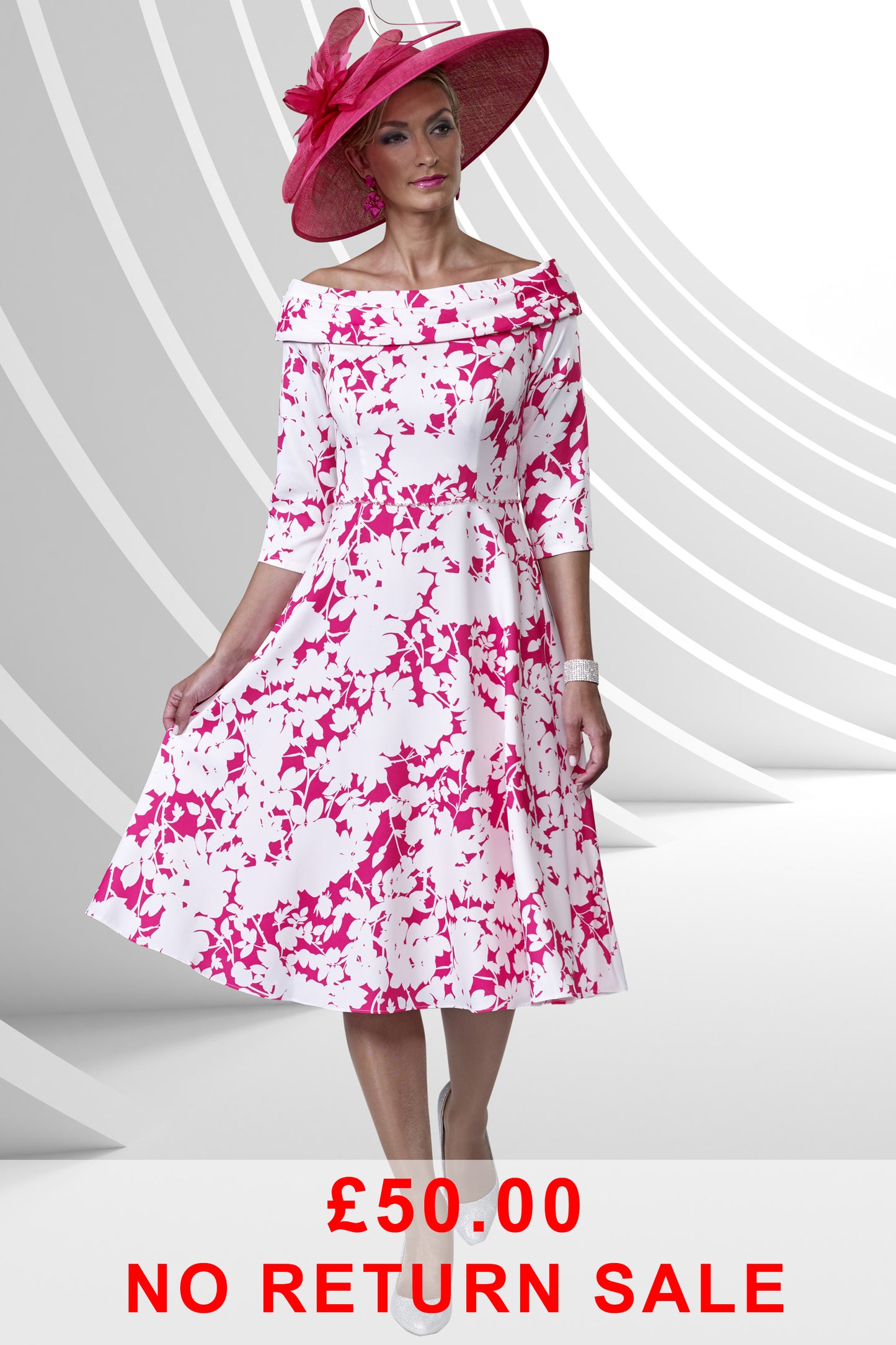 Veromia Occasions Bardot Neckline A-Line Dress Ivory/Lipstick VO9167