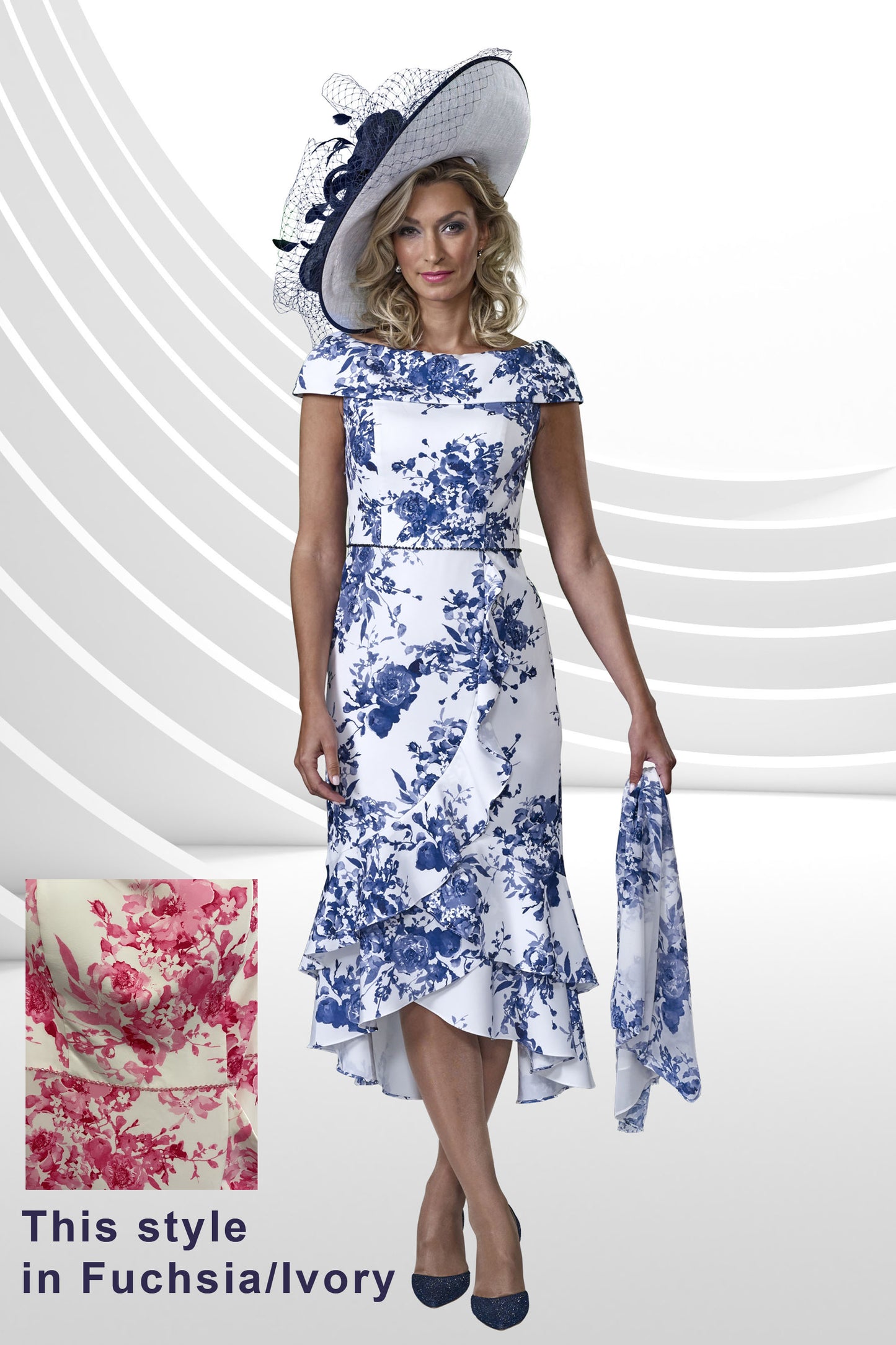 Veromia Occasions Mid Length Printed Dress with Frill Fuchsia/Ivory VO9176