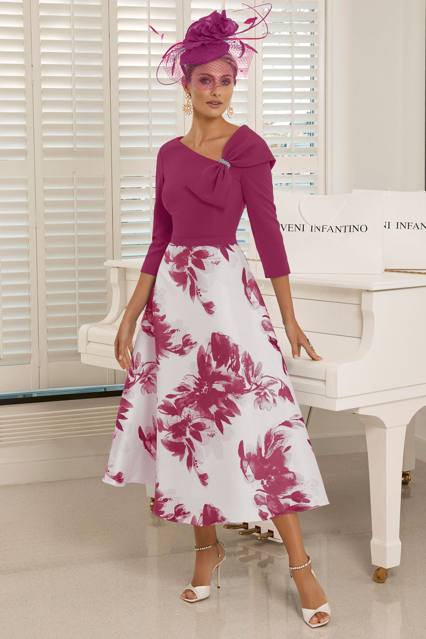 Veni Infantino Floral Bow Detail Dress Ivory/Fuchsia 992104A