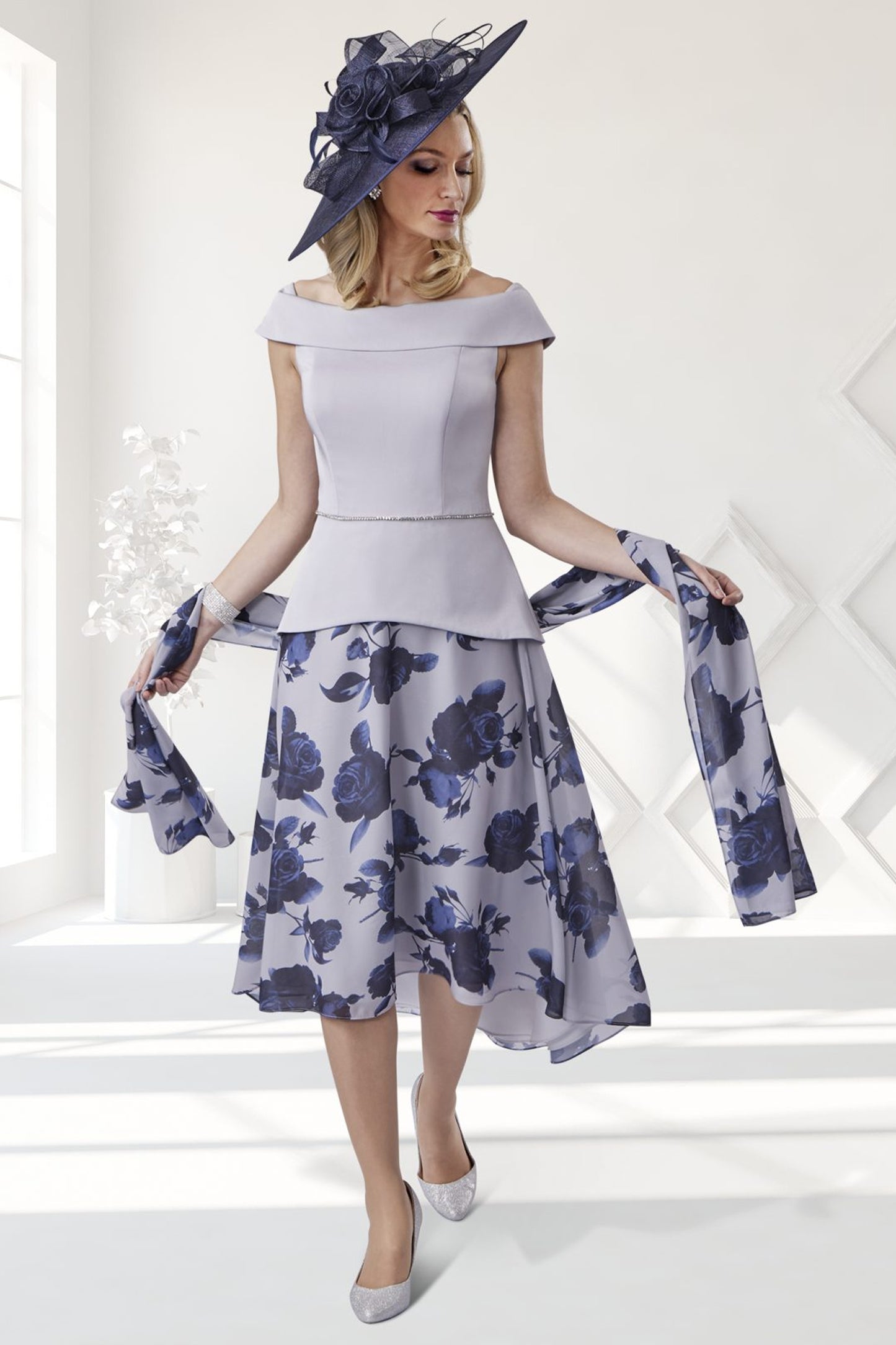 Veromia Occasions Floral Print Peplum Dress Dusty Pink/Navy VO8143