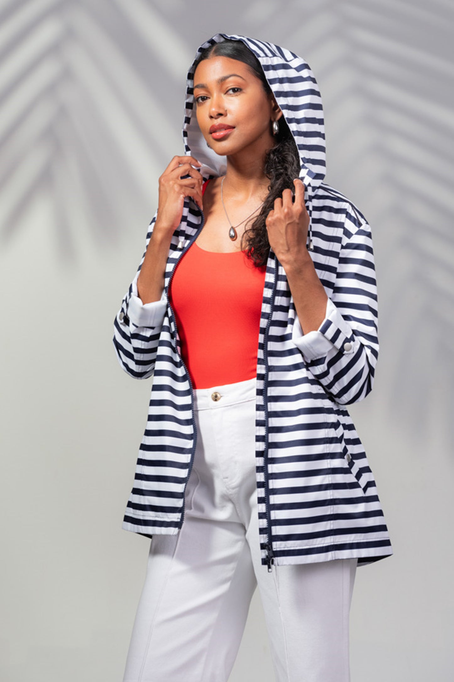 Alison Sheri Waterproof Striped Hooded Jacket Navy/White A45430
