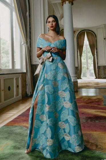 slim fit dress slacks Gabriela Sanchez Embossed Metallic Leaf Print Dress - Turquoise