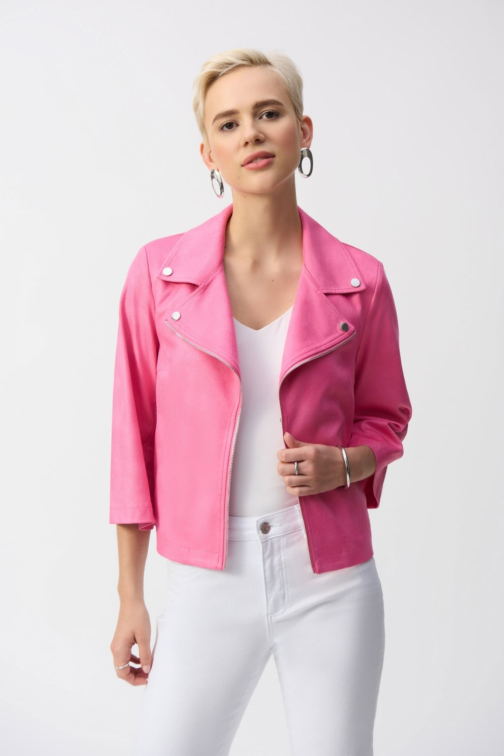Joseph Ribkoff Foiled Faux Suede Swing Jacket Bubble Gum Pink 251908-4368