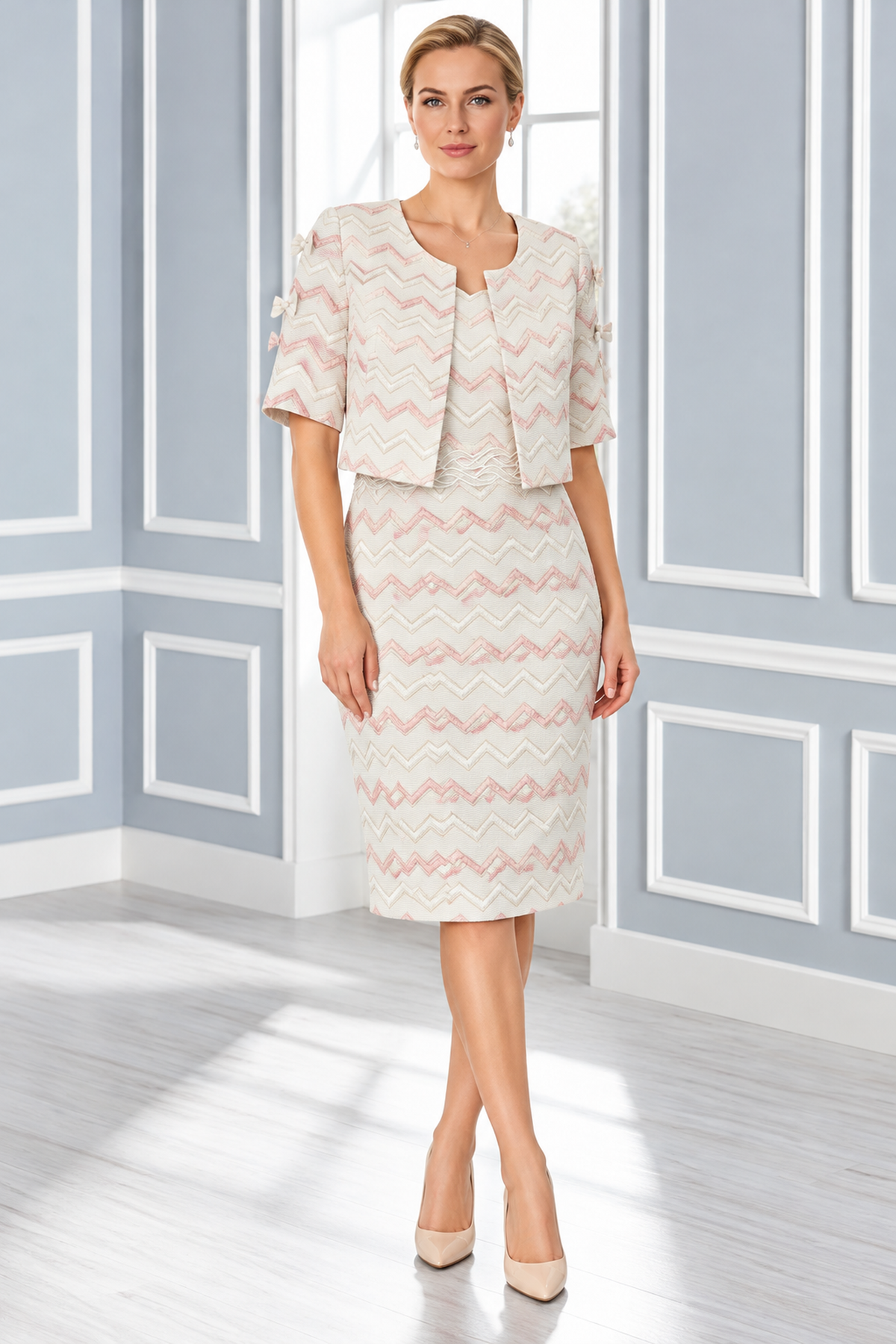 Lizabella Printed Detail Two Piece Ivory/Pink L-20SS-7093-37