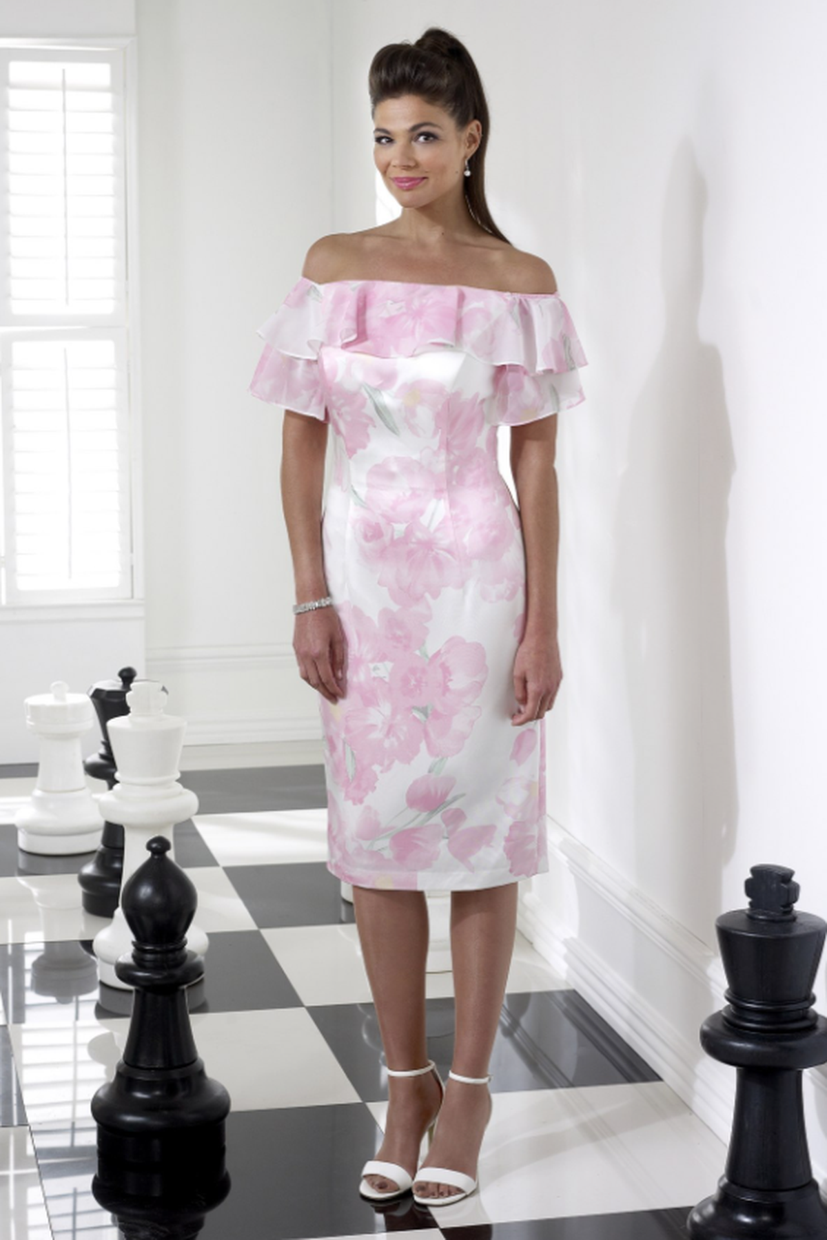 Veromia Floral Print Off The Shoulder Dress Pastel Pink VO3763