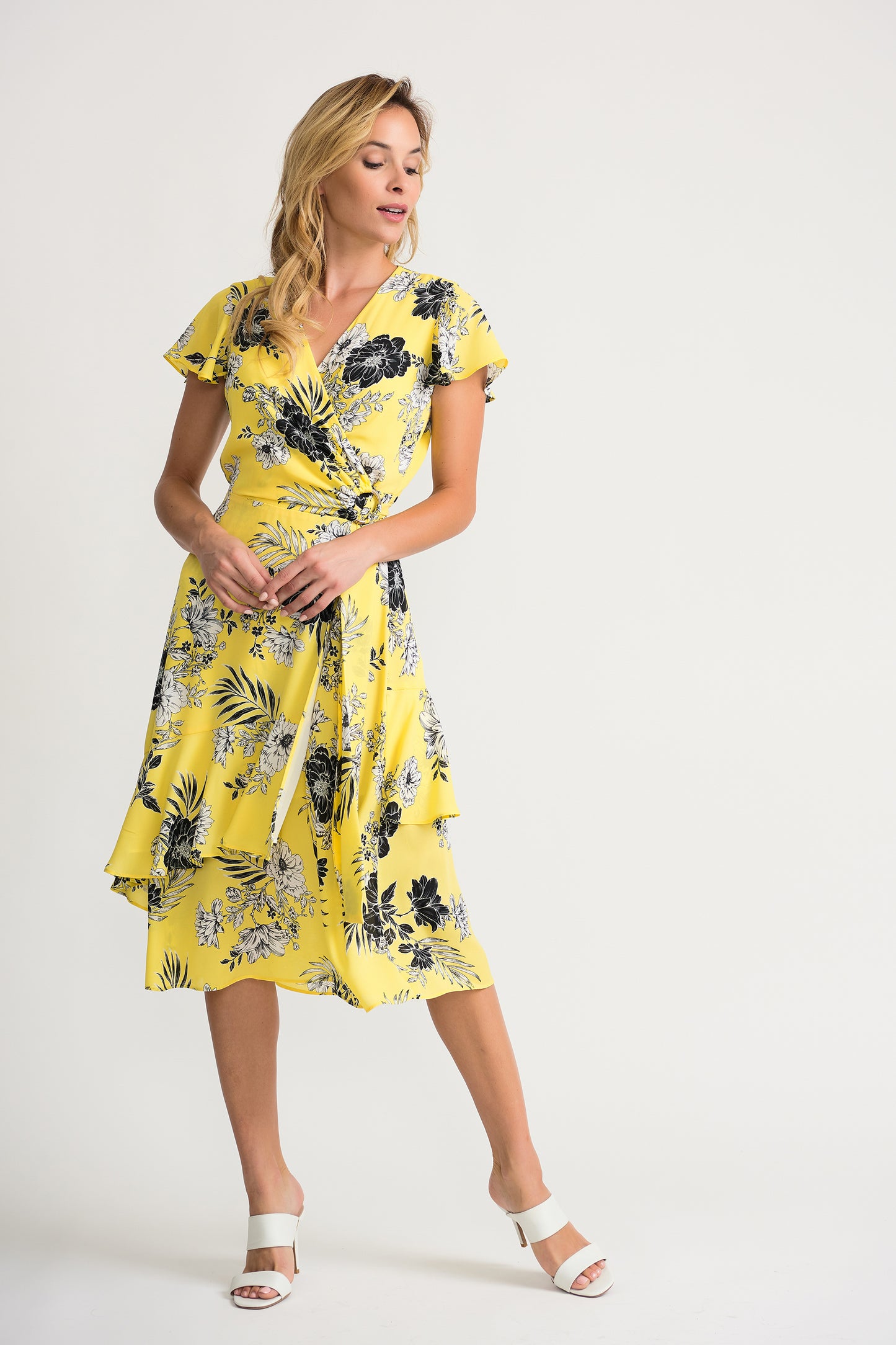 Joseph Ribkoff Floral Print Ruffle Dress Yellow/Black 202425