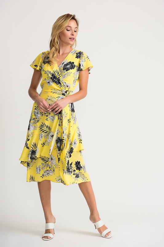 Joseph Ribkoff Floral Print Ruffle Dress Yellow/Black 202425