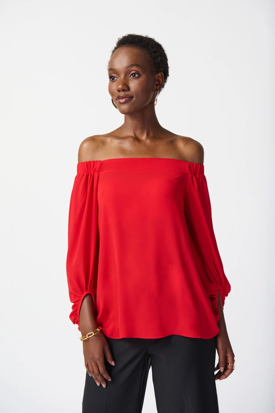 Joseph Ribkoff Georgette Off Shoulder Flared Top Radiant Red 241304-4209