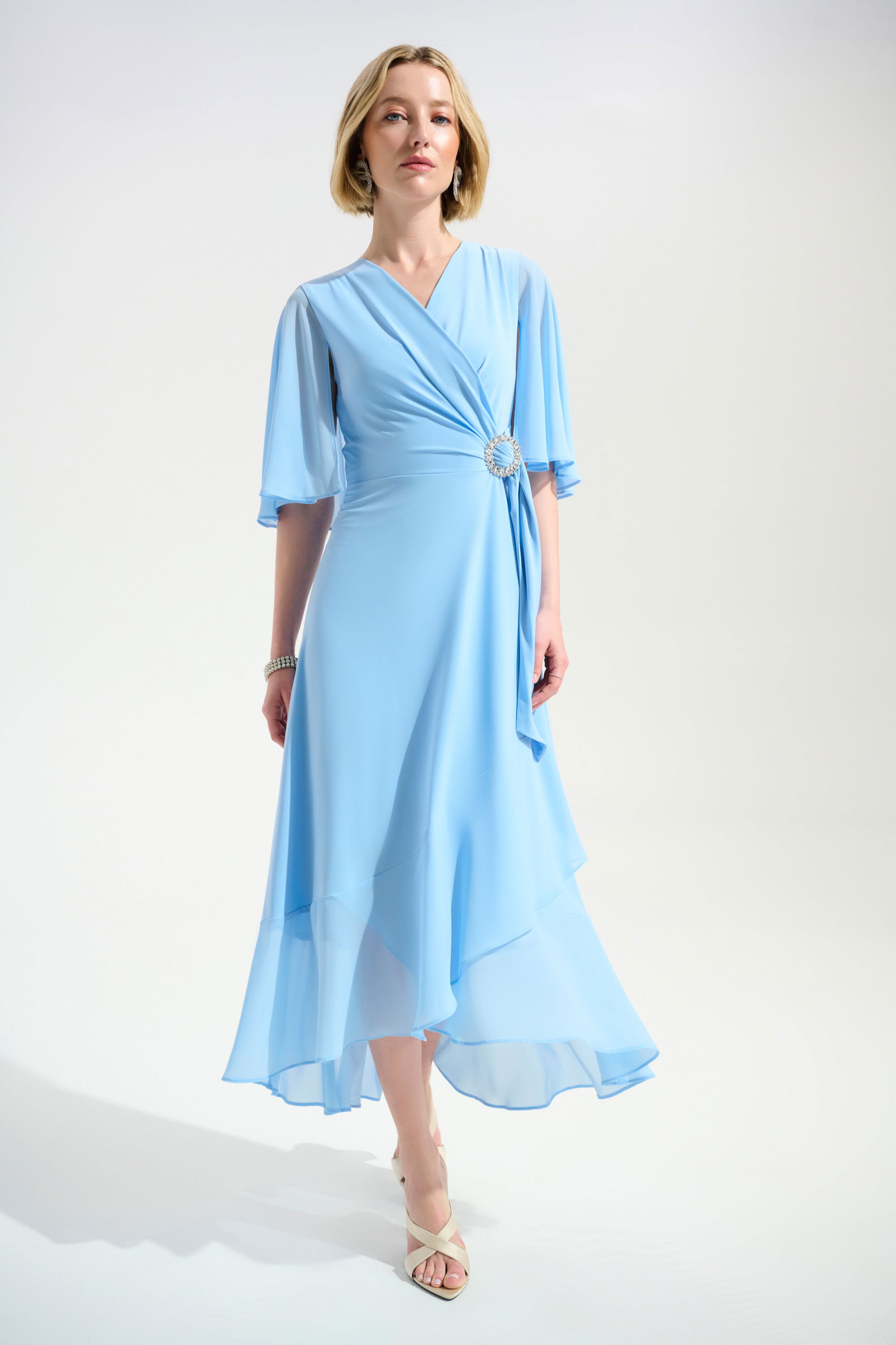 Joseph Ribkoff Silky Knit Flowy Wrap Dress With Buckle Rhinestones